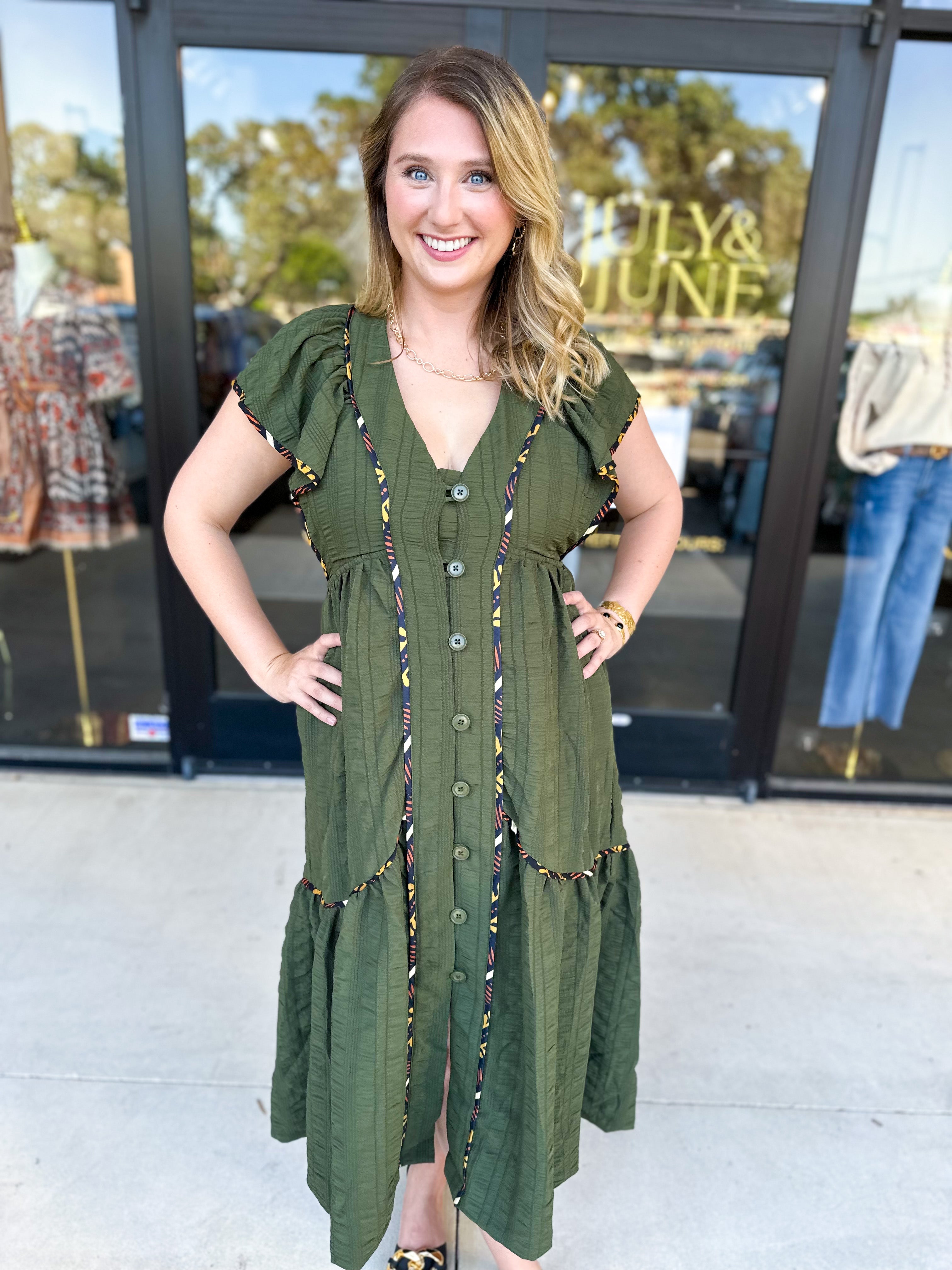 THML - Dark Olive Midi Dress-500 Midi-THML-July & June Women's Fashion Boutique Located in San Antonio, Texas
