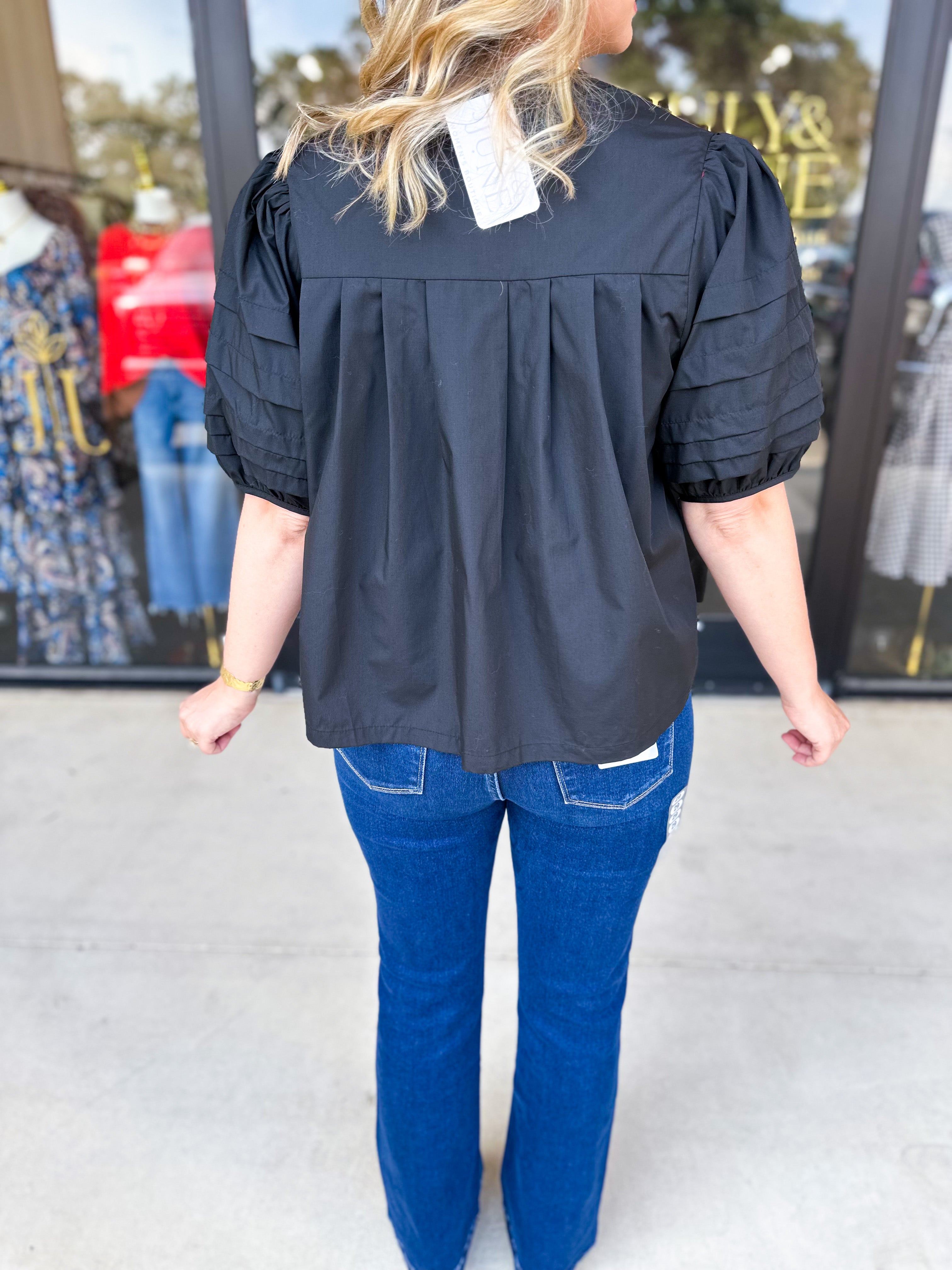 Pleated Black Blouse-200 Fashion Blouses-ENTRO-July & June Women's Fashion Boutique Located in San Antonio, Texas