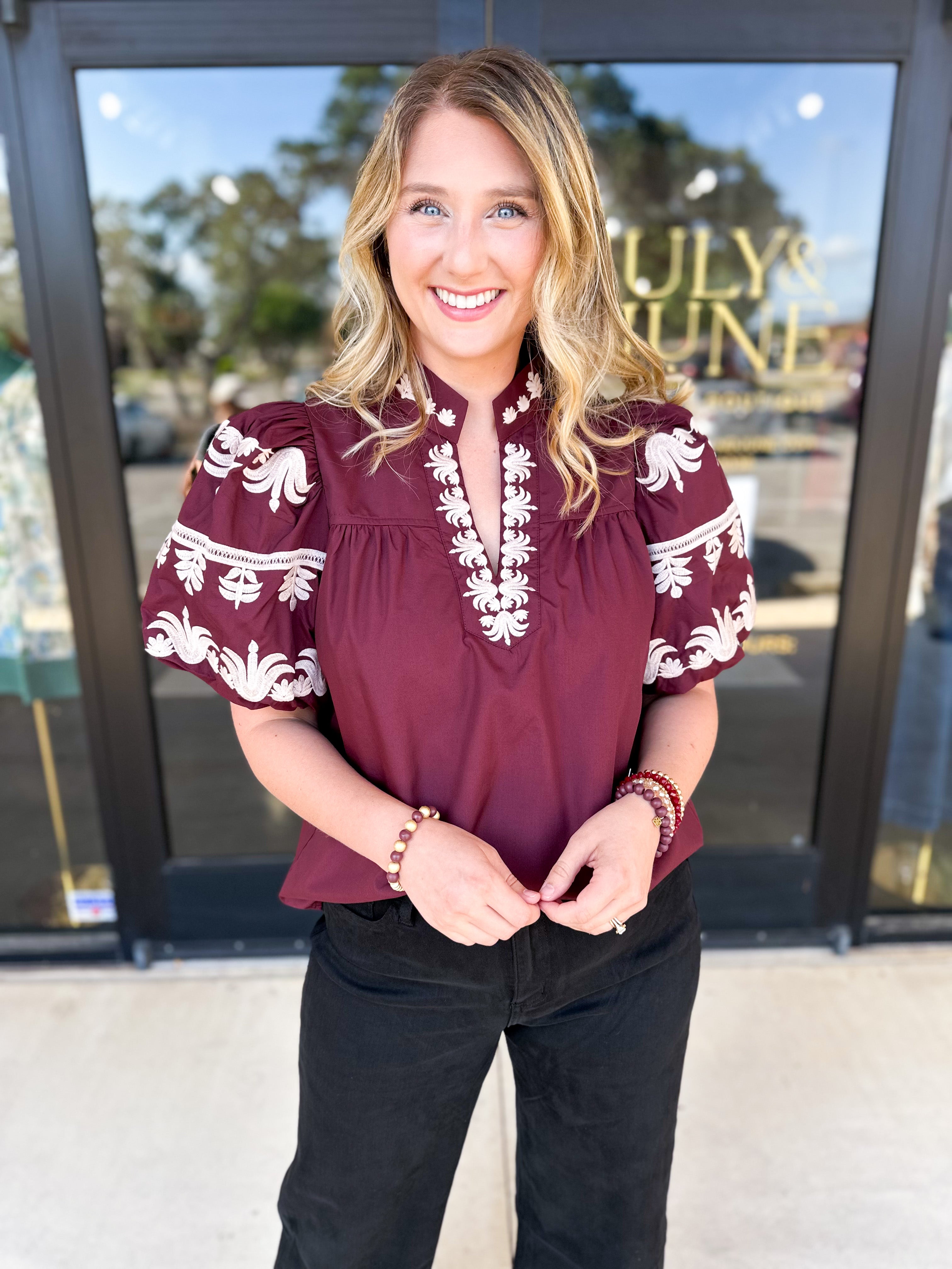 Maroon Embroidered Blouse-200 Fashion Blouses-ENTRO-July & June Women's Fashion Boutique Located in San Antonio, Texas