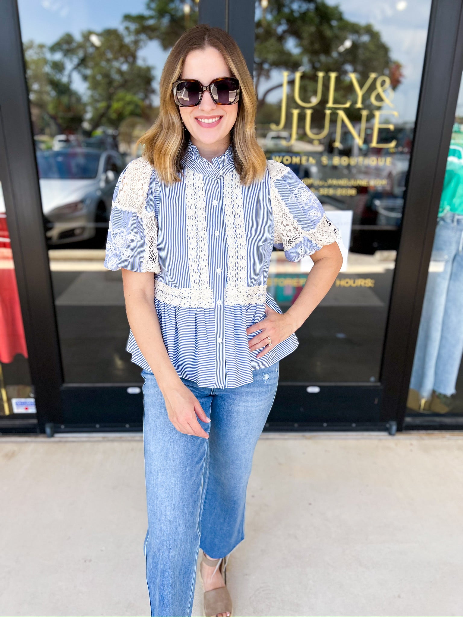 Blue Skies Crochet Blouse-200 Fashion Blouses-ENTRO-July & June Women's Fashion Boutique Located in San Antonio, Texas