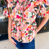 THML - Pink & Olive Abstract Blouse-200 Fashion Blouses-THML-July & June Women's Fashion Boutique Located in San Antonio, Texas