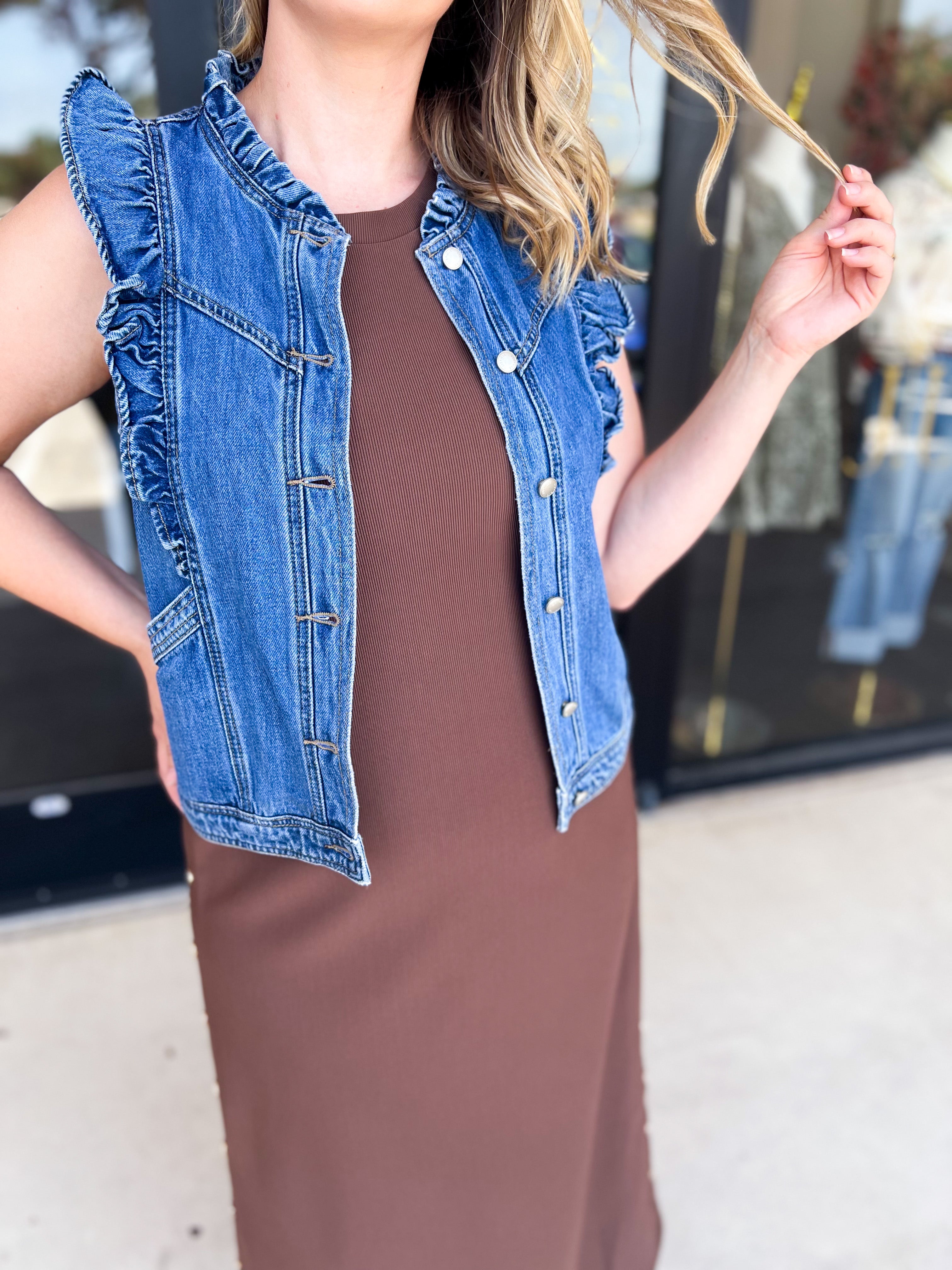 Ruffled Denim Vest-600 Outerwear-LISTICLE-July & June Women's Fashion Boutique Located in San Antonio, Texas