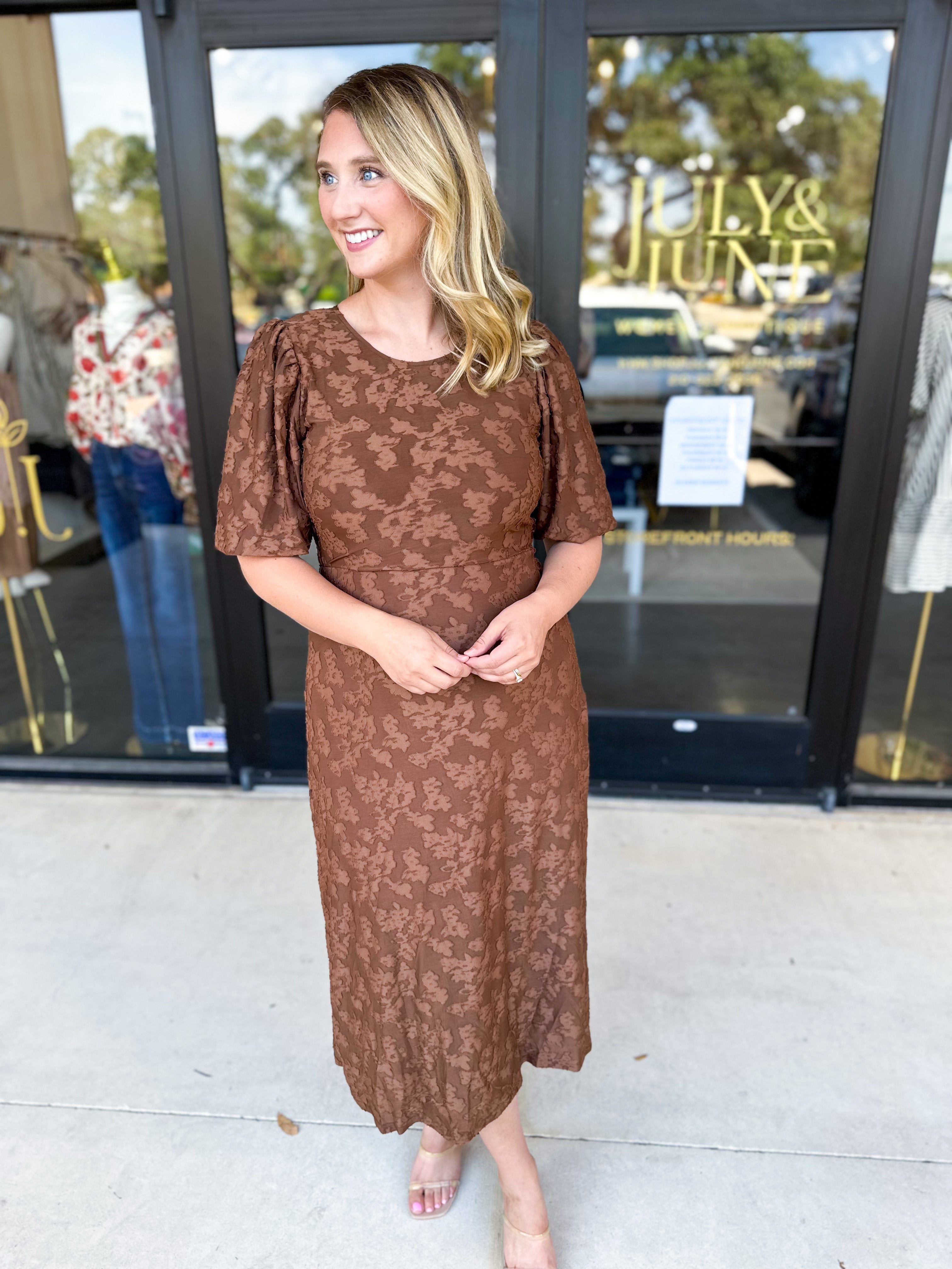 Fall Lace Midi Dress - Chocolate-500 Midi-POLOGRAM-July & June Women's Fashion Boutique Located in San Antonio, Texas
