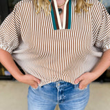 Fall Varsity Stripe Blouse - Carmel-200 Fashion Blouses-ENTRO-July & June Women's Fashion Boutique Located in San Antonio, Texas