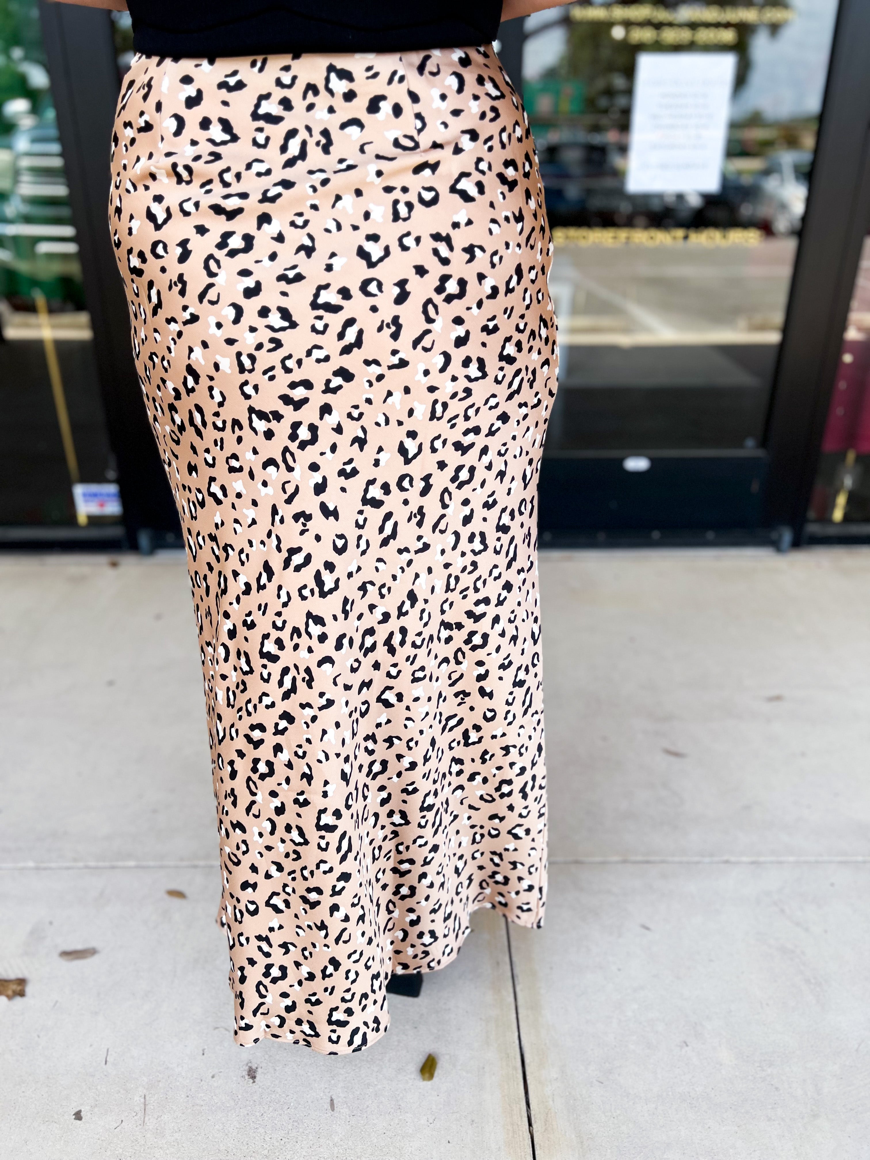 Cheetah Satin Midi Skirt-410 Shorts/Skirts-SKIES ARE BLUE-July & June Women's Fashion Boutique Located in San Antonio, Texas