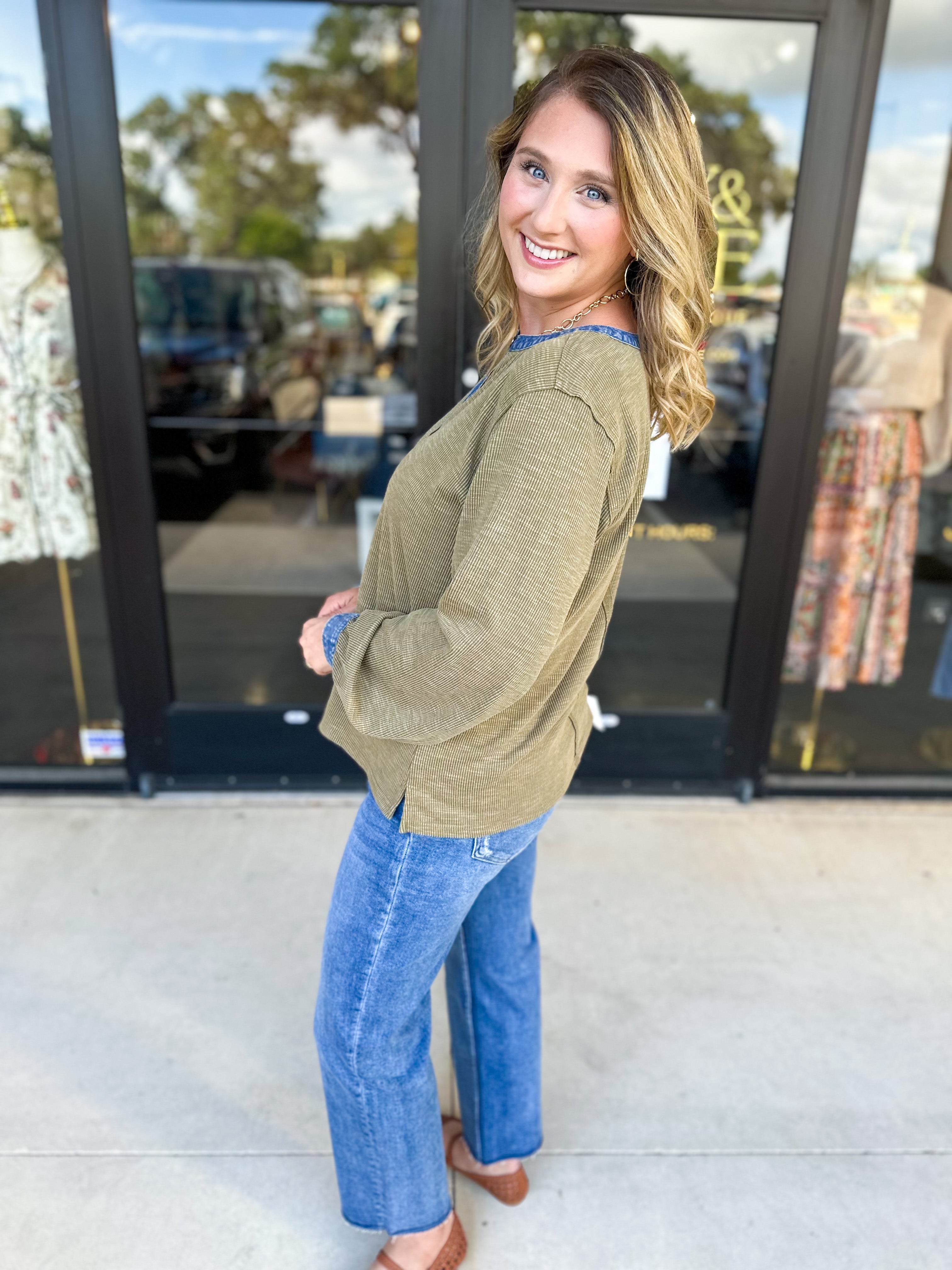 Olive & Denim Details Long Sleeve Top-210 Casual Blouses-JODIFL-July & June Women's Fashion Boutique Located in San Antonio, Texas