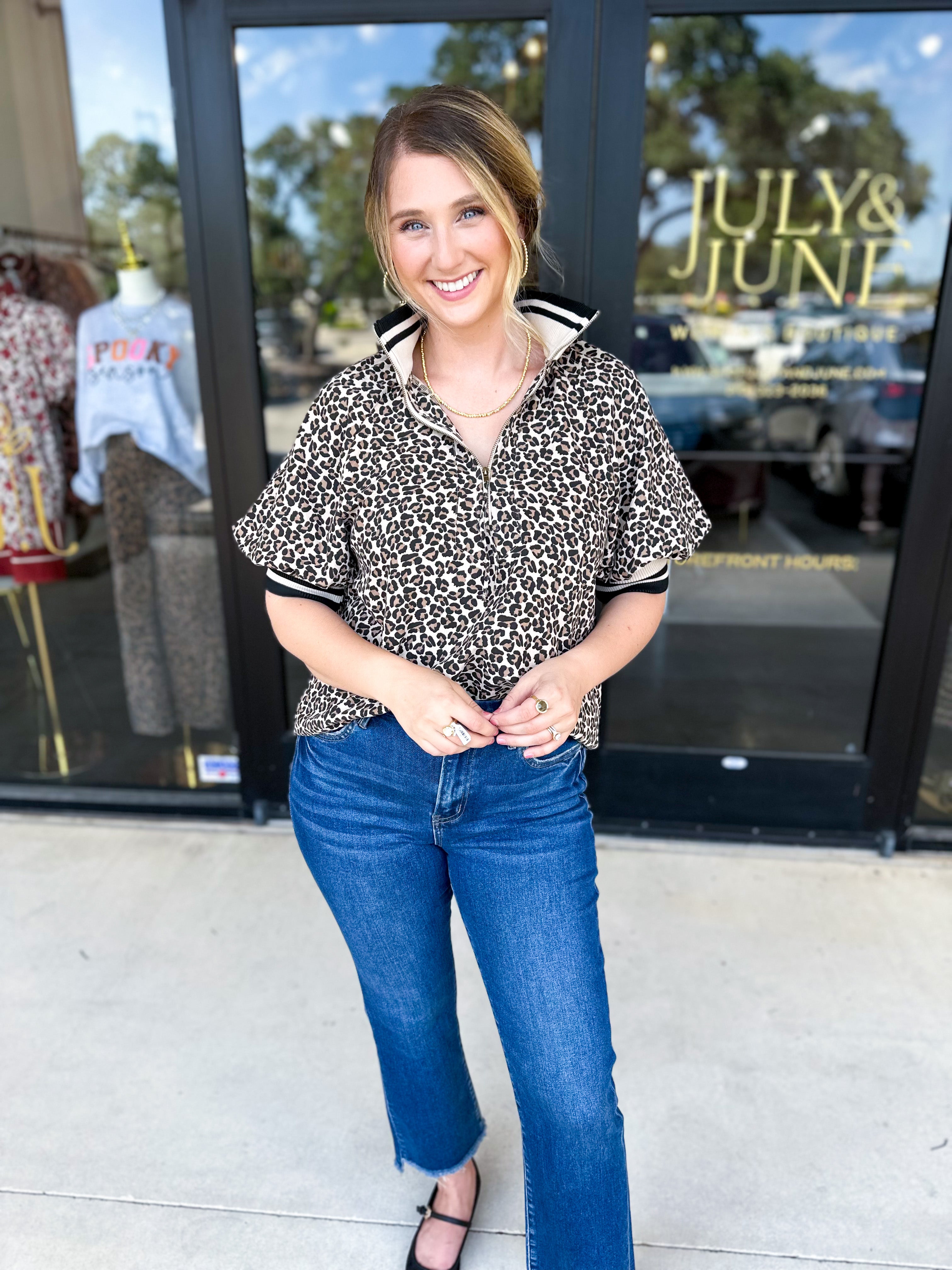 Zip Up Cheetah Top-200 Fashion Blouses-ENTRO-July & June Women's Fashion Boutique Located in San Antonio, Texas