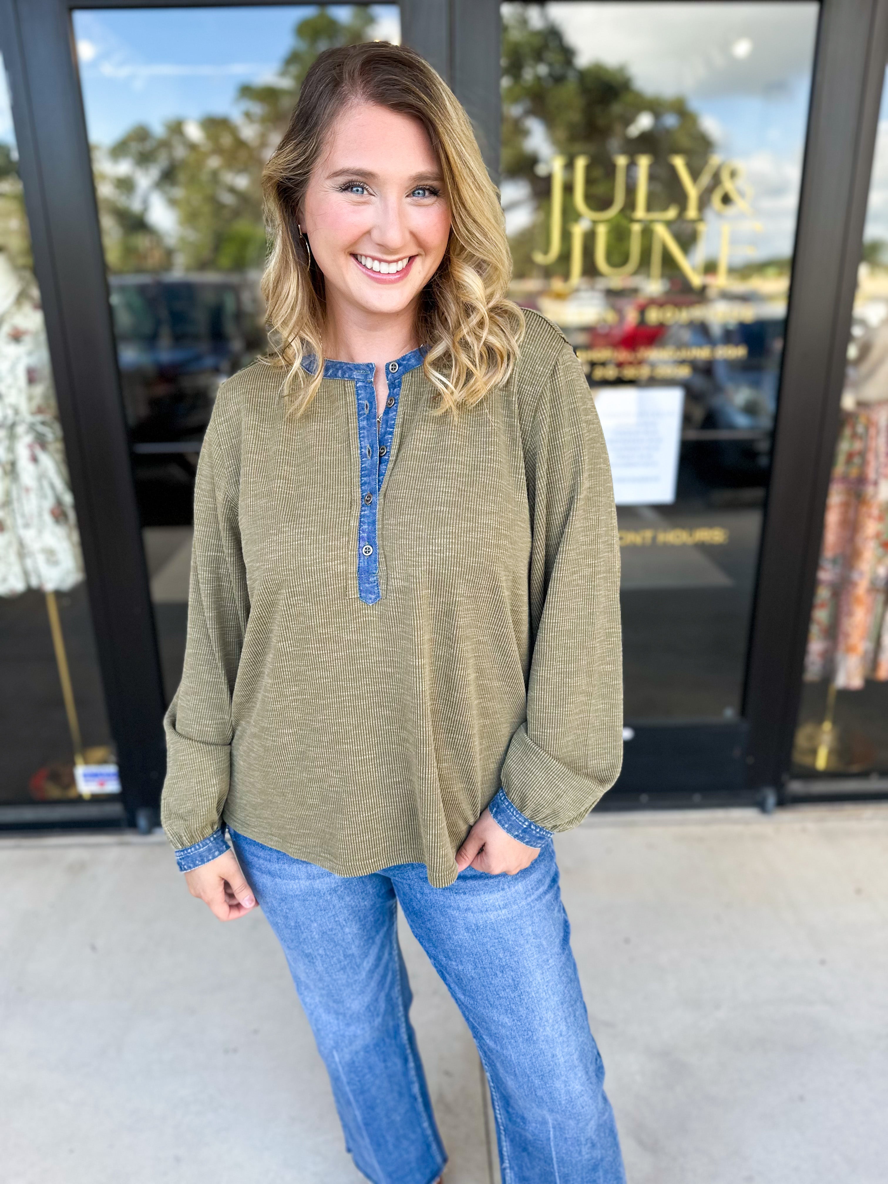 Olive & Denim Details Long Sleeve Top-210 Casual Blouses-JODIFL-July & June Women's Fashion Boutique Located in San Antonio, Texas