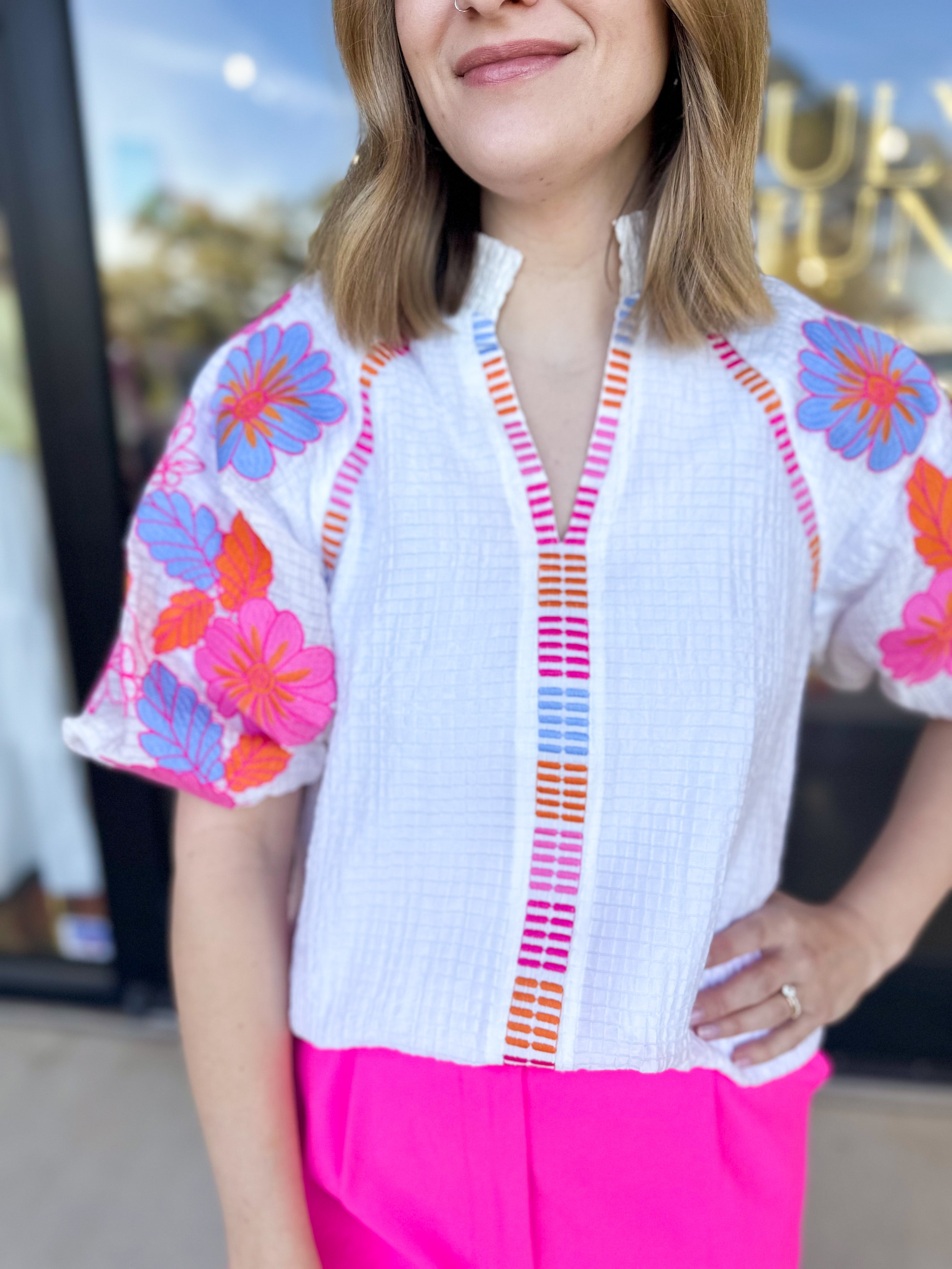 THML - Spring Florals Embroidered Blouse- Ivory-200 Fashion Blouses-THML-July & June Women's Fashion Boutique Located in San Antonio, Texas