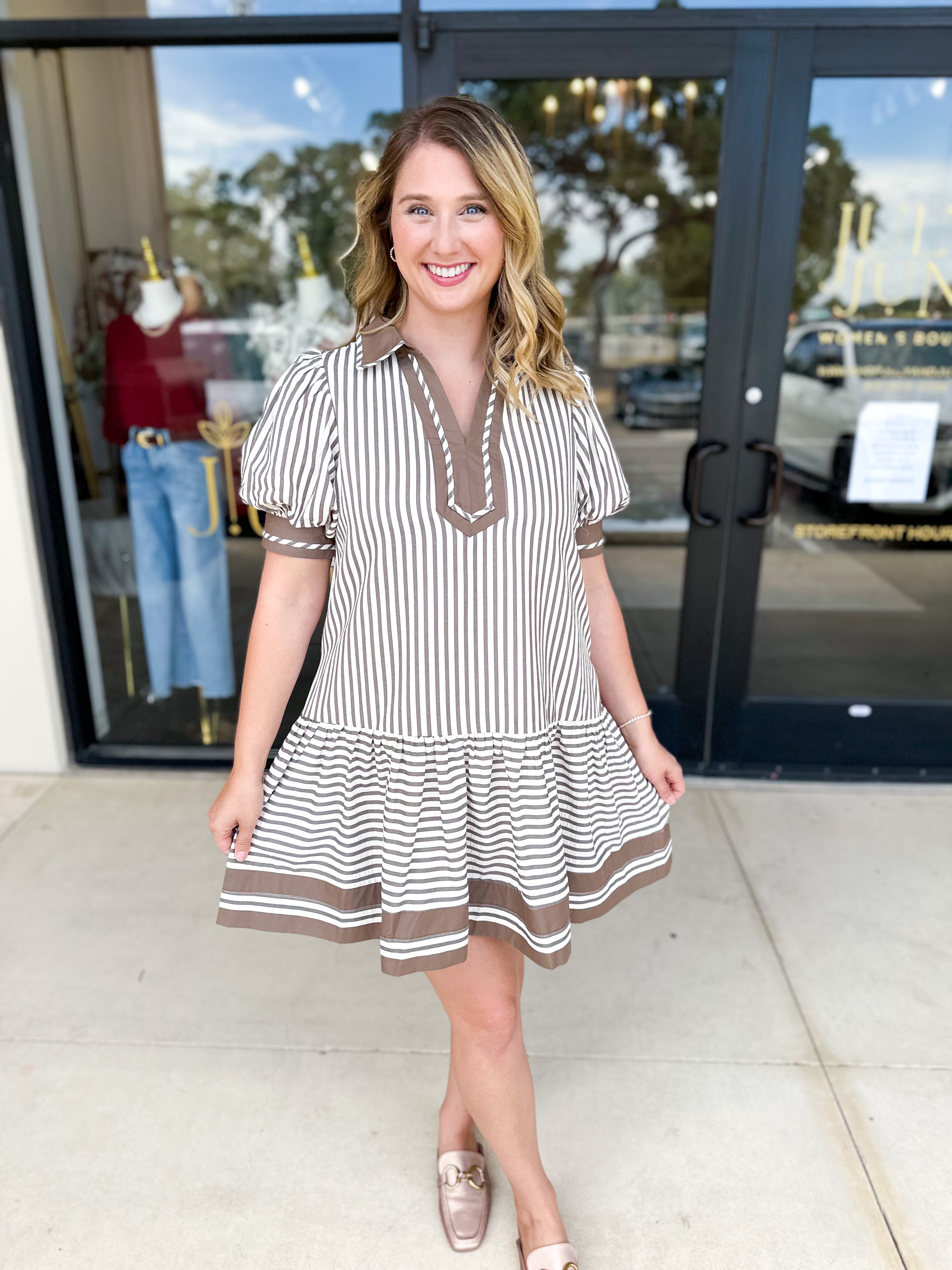 Mocha Stripe Mini Dress-510 Mini-ENTRO-July & June Women's Fashion Boutique Located in San Antonio, Texas