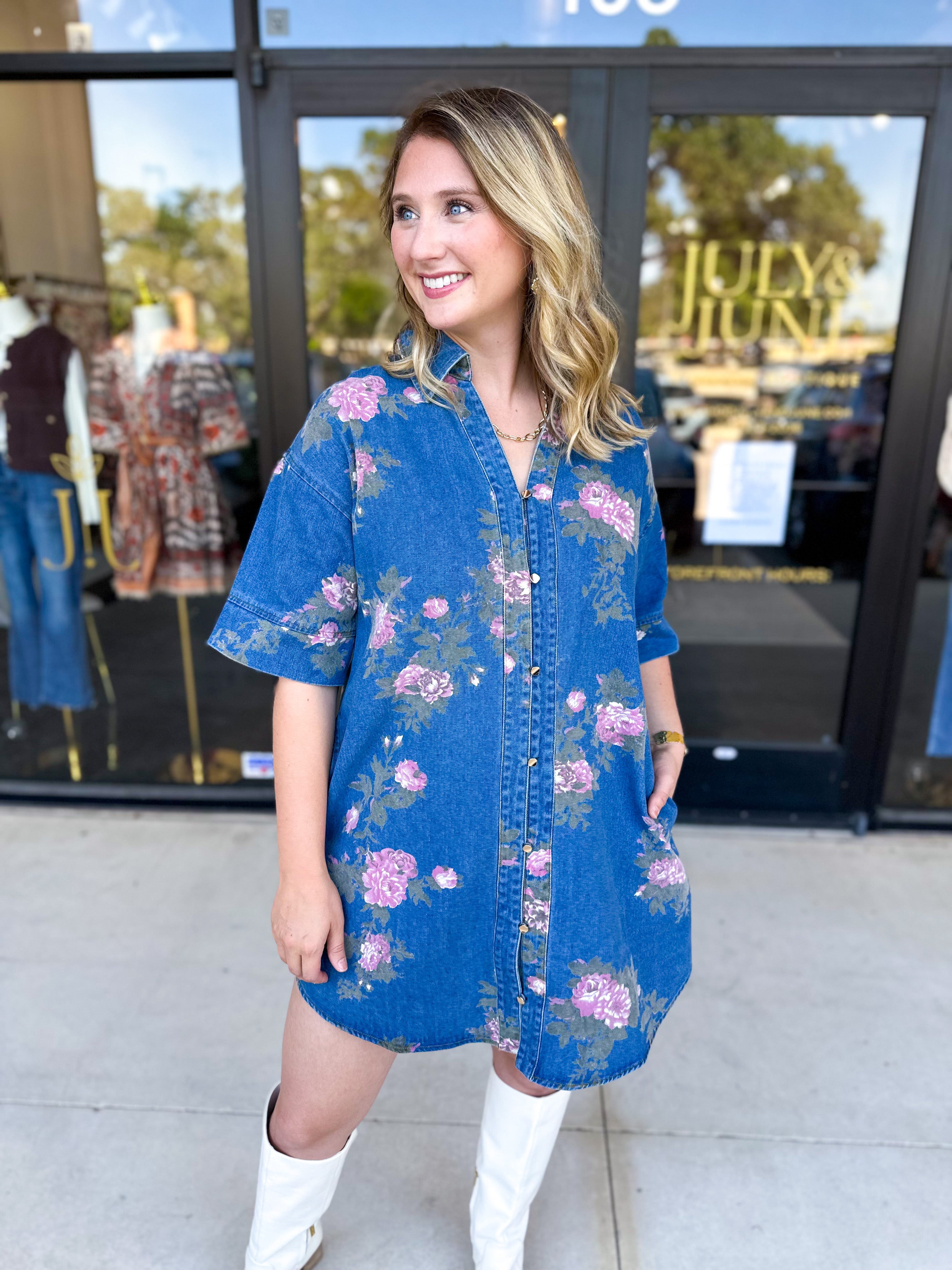 Feminine Floral Denim Mini Dress-510 Mini-ENTRO-July & June Women's Fashion Boutique Located in San Antonio, Texas
