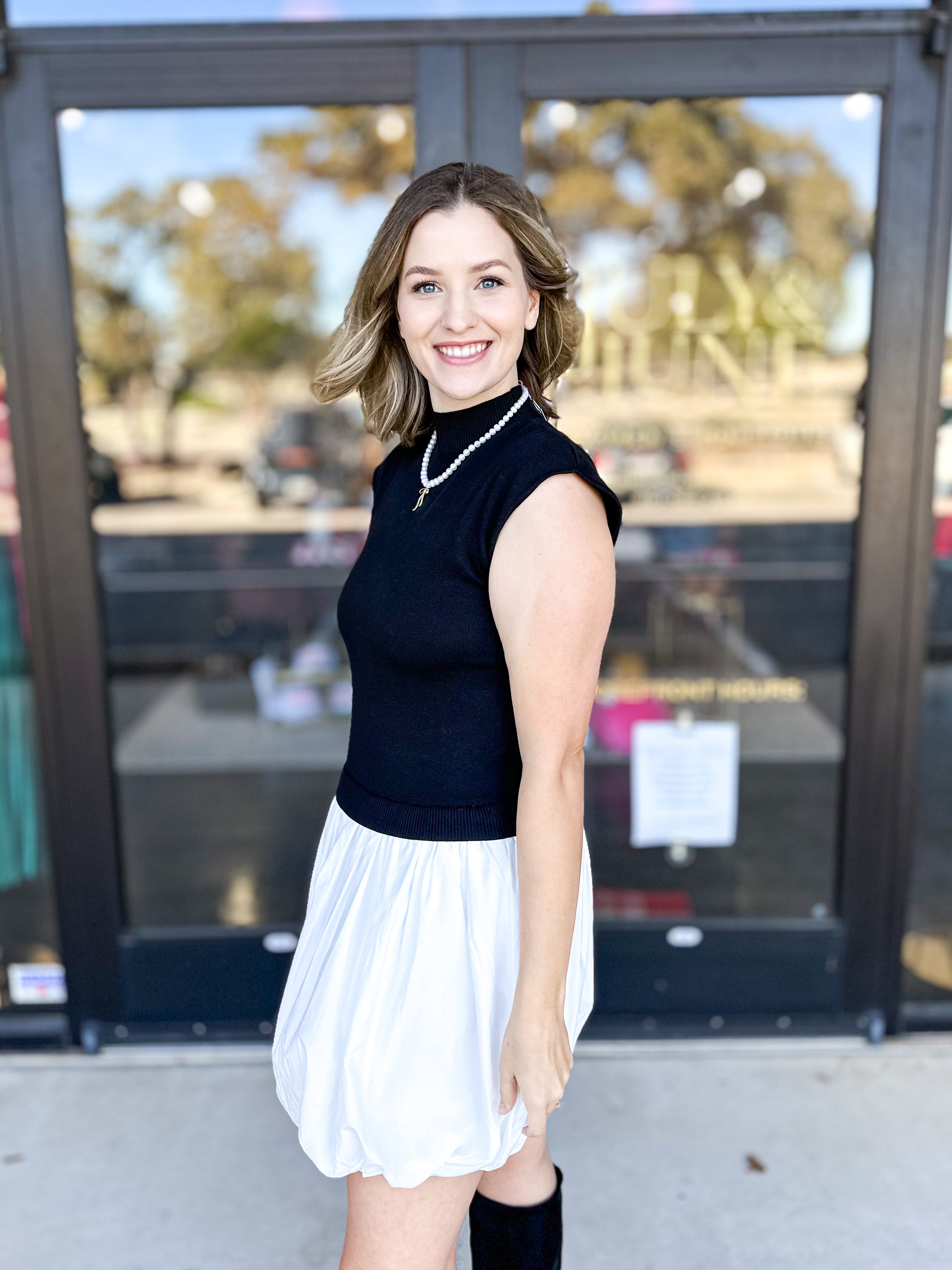 Mock Neck Bubble Mini Hem Mini Dress-510 Mini-ABLE-July & June Women's Fashion Boutique Located in San Antonio, Texas