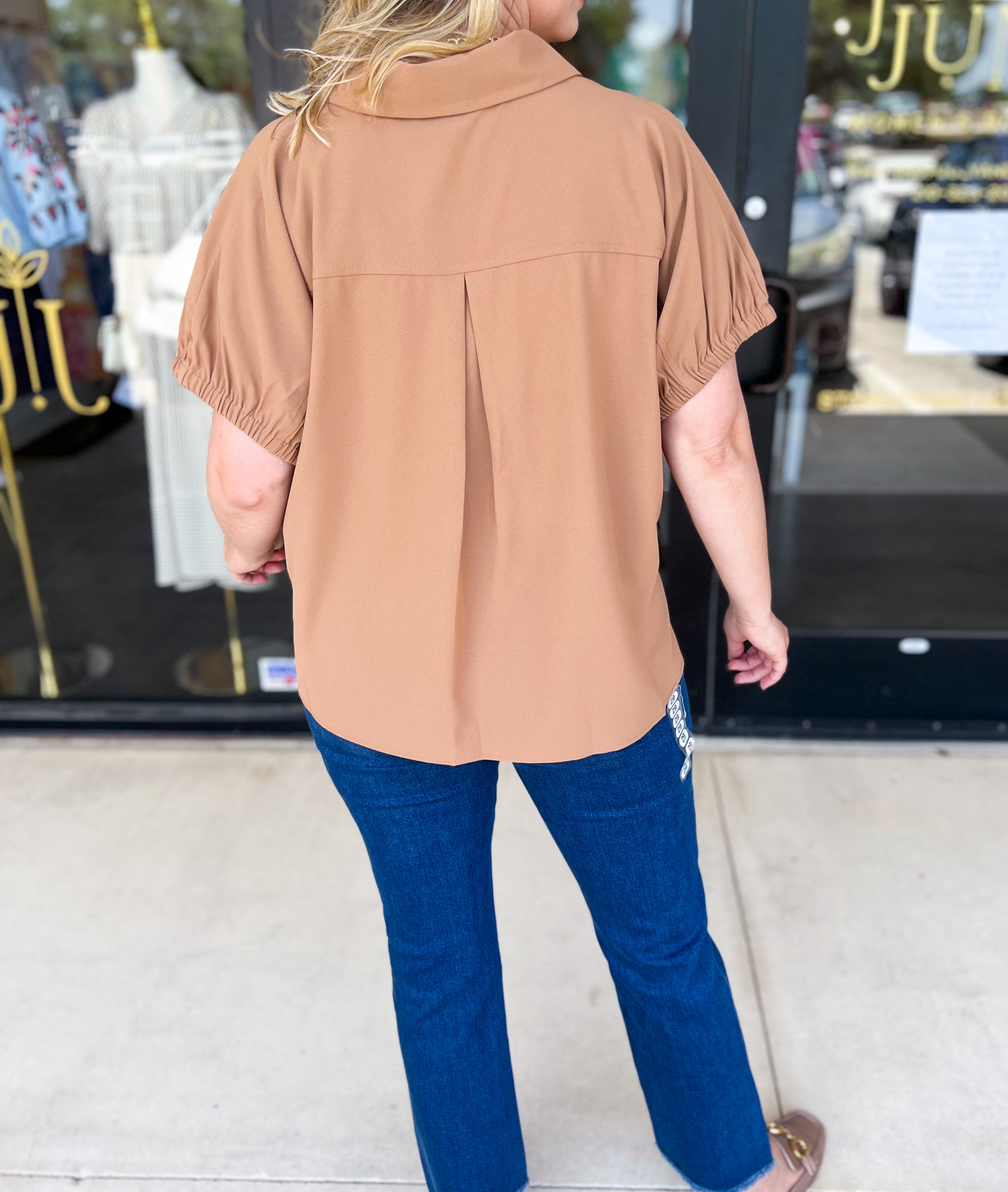 Closet Staple Collared Blouse - Camel-200 Fashion Blouses-ENTRO-July & June Women's Fashion Boutique Located in San Antonio, Texas