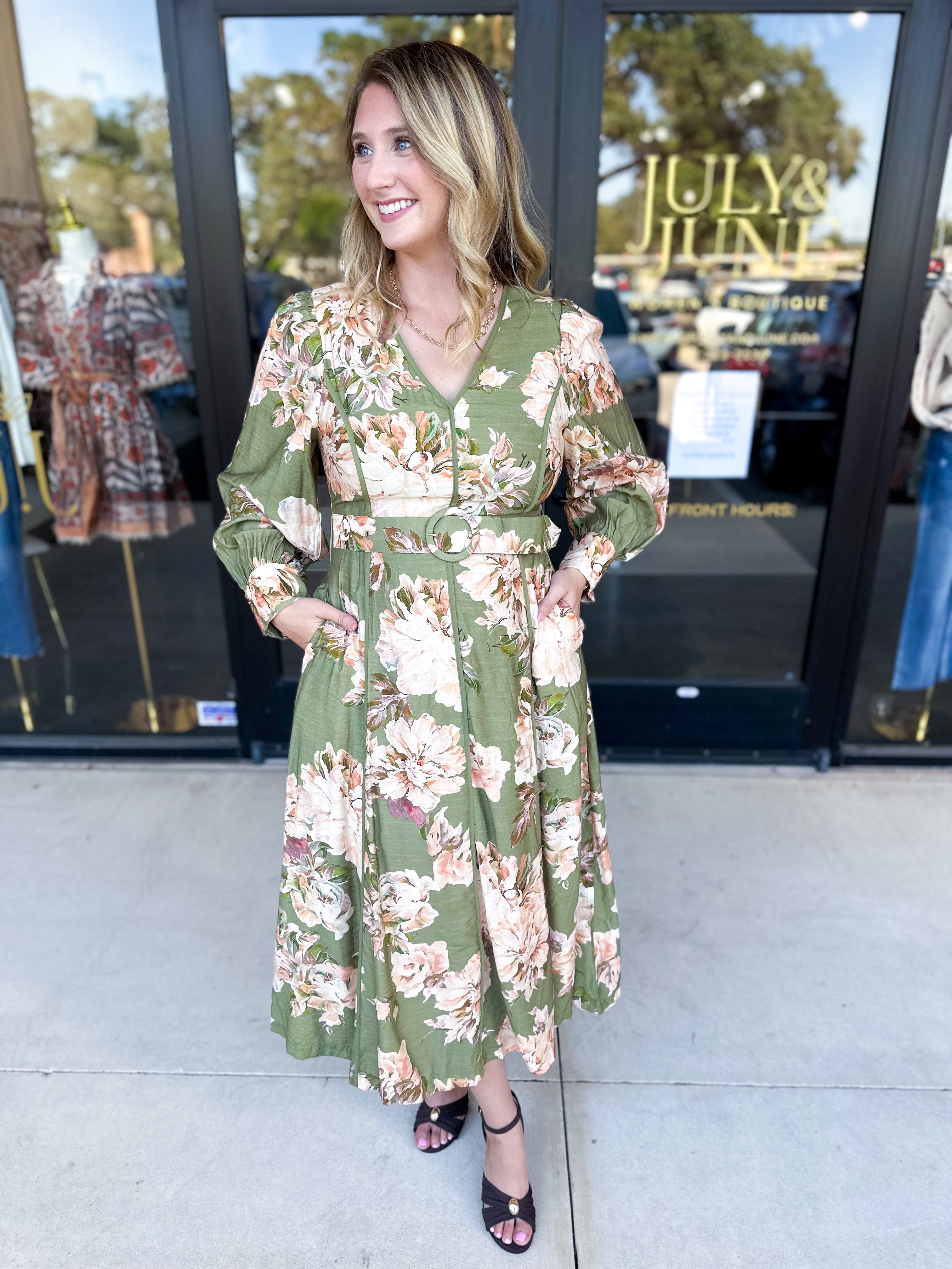 Fall Meadows Midi Dress - Olive-500 Midi-ENTRO-July & June Women's Fashion Boutique Located in San Antonio, Texas