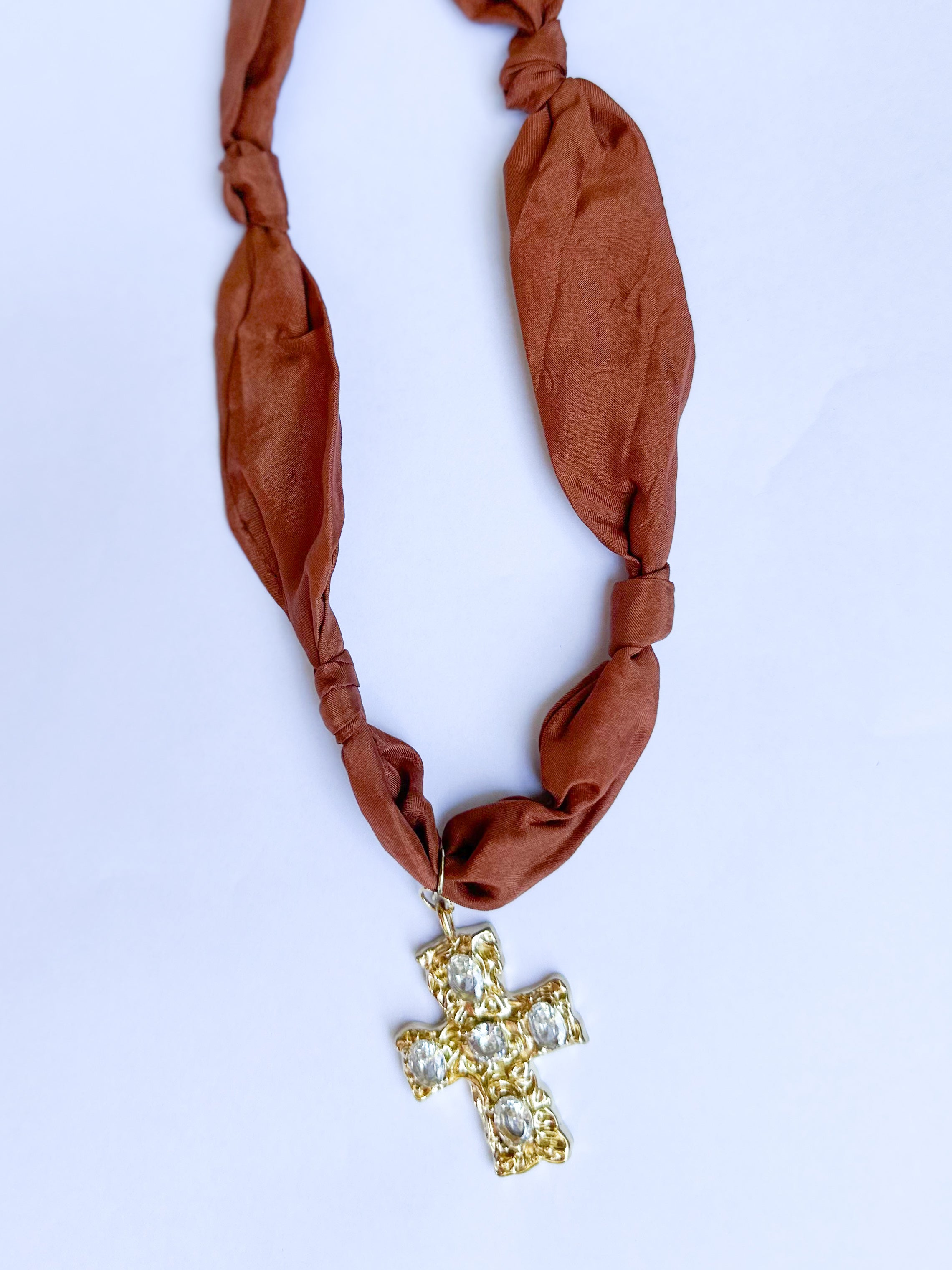 Scarf Necklace - Pumpkin Gold Cross-110 Jewelry & Hair-HART DESIGNS-July & June Women's Fashion Boutique Located in San Antonio, Texas