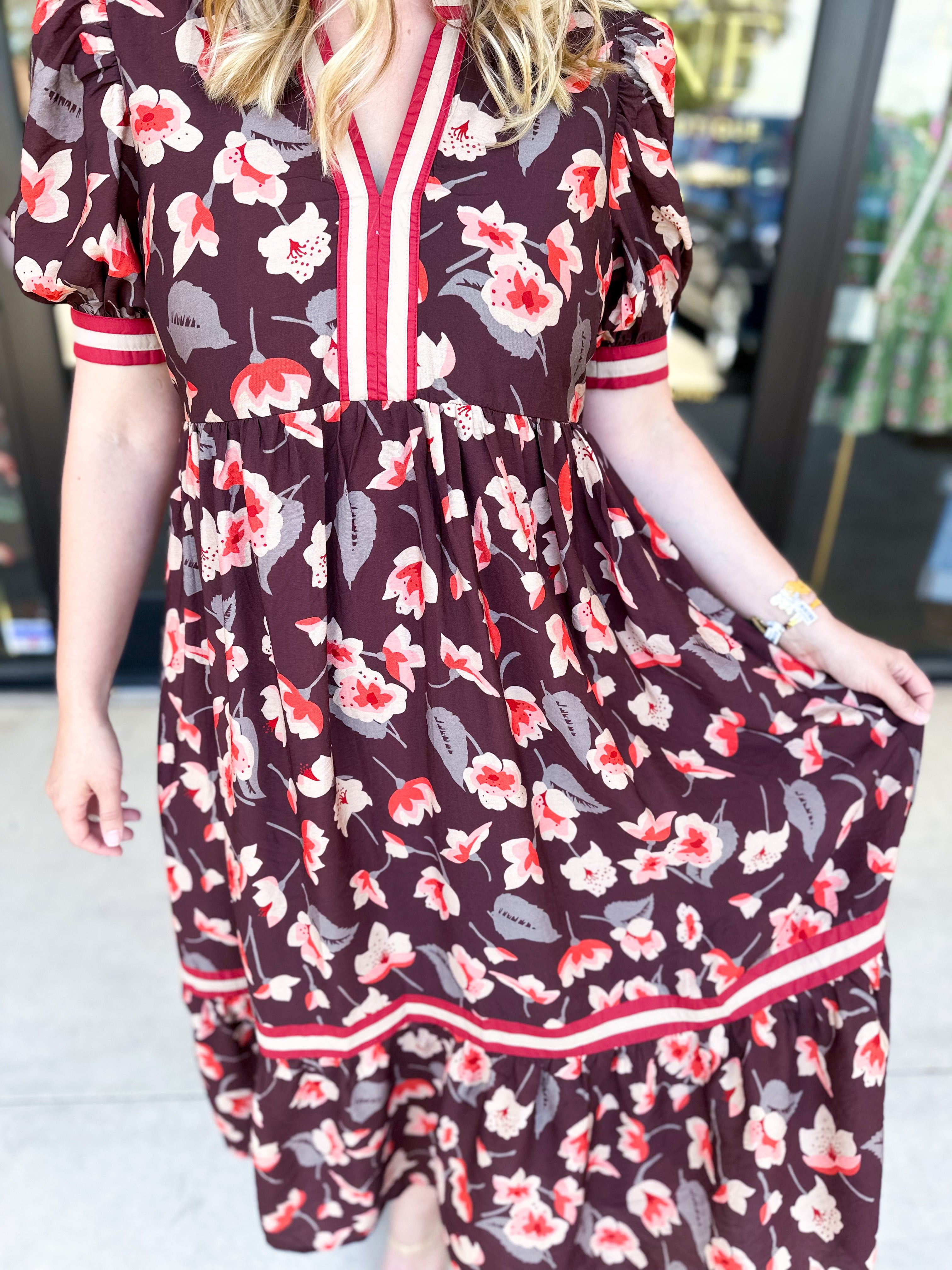Chocolate Brown Floral Midi Dress-500 Midi-ENTRO-July & June Women's Fashion Boutique Located in San Antonio, Texas