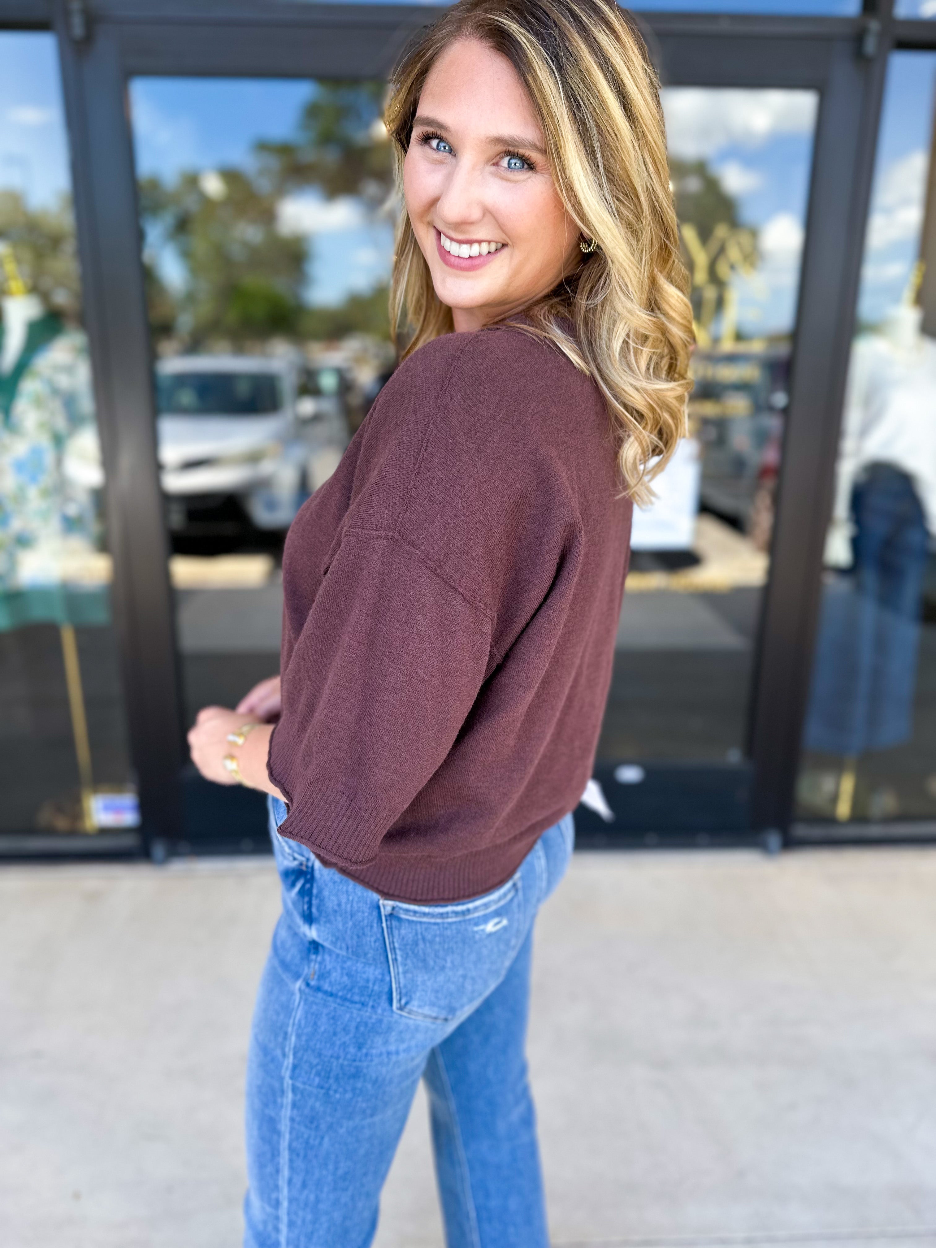 The Kimmy Sweater Top - Brown-230 Sweaters/Cardis-ENTRO-July & June Women's Fashion Boutique Located in San Antonio, Texas
