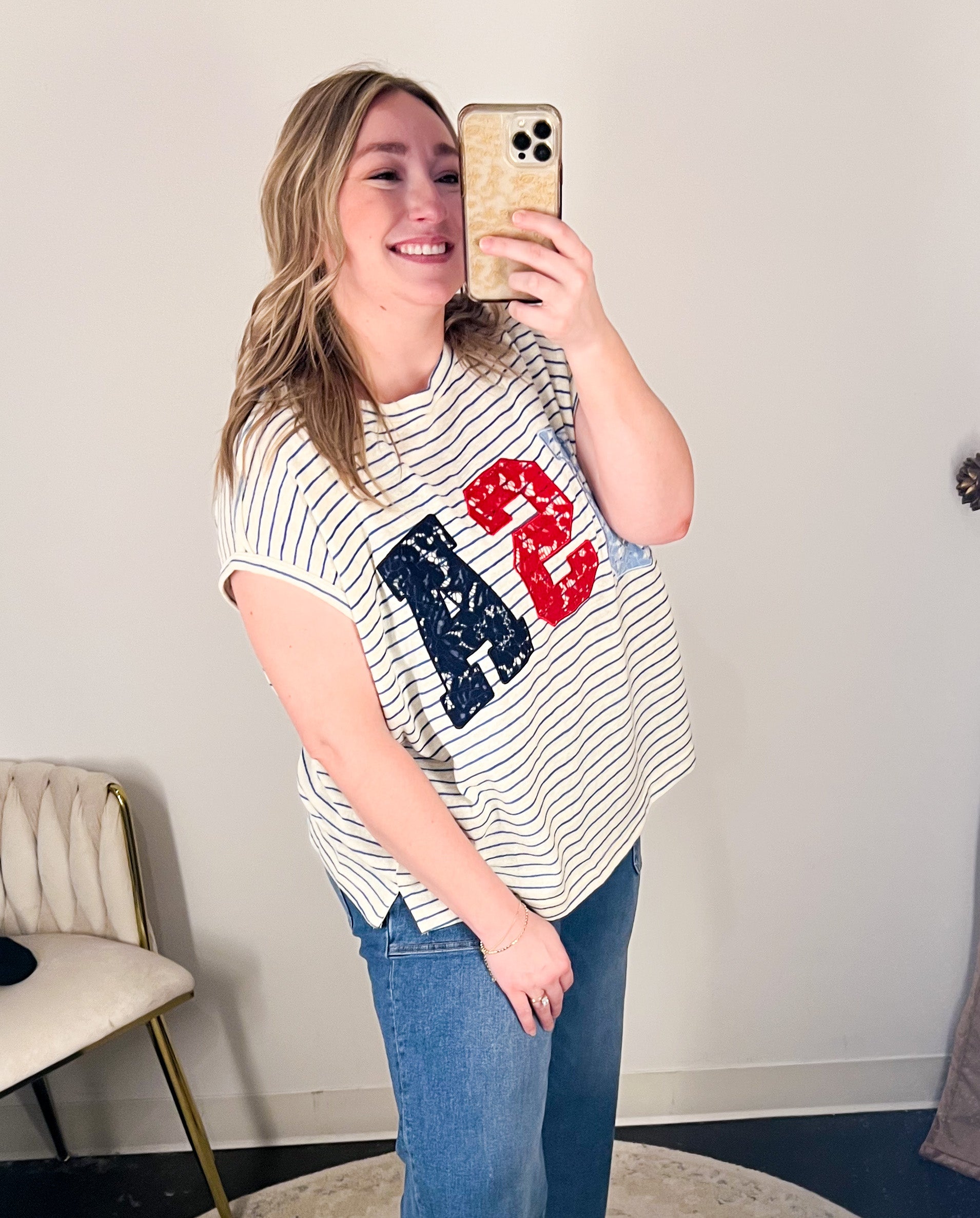 Lace USA Muscle Tee-210 Casual Blouses-PEACH LOVE-July & June Women's Fashion Boutique Located in San Antonio, Texas