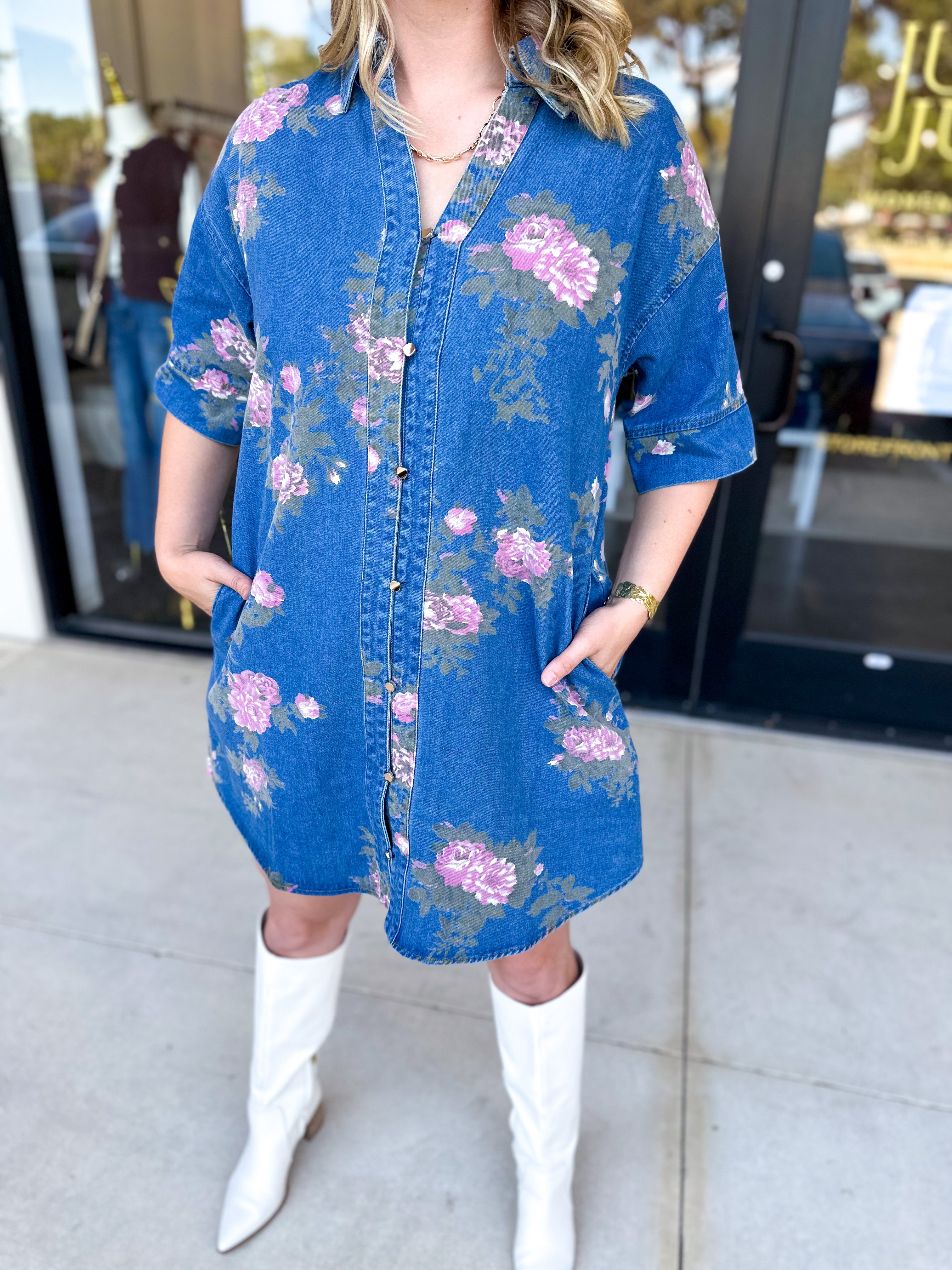 Feminine Floral Denim Mini Dress-510 Mini-ENTRO-July & June Women's Fashion Boutique Located in San Antonio, Texas