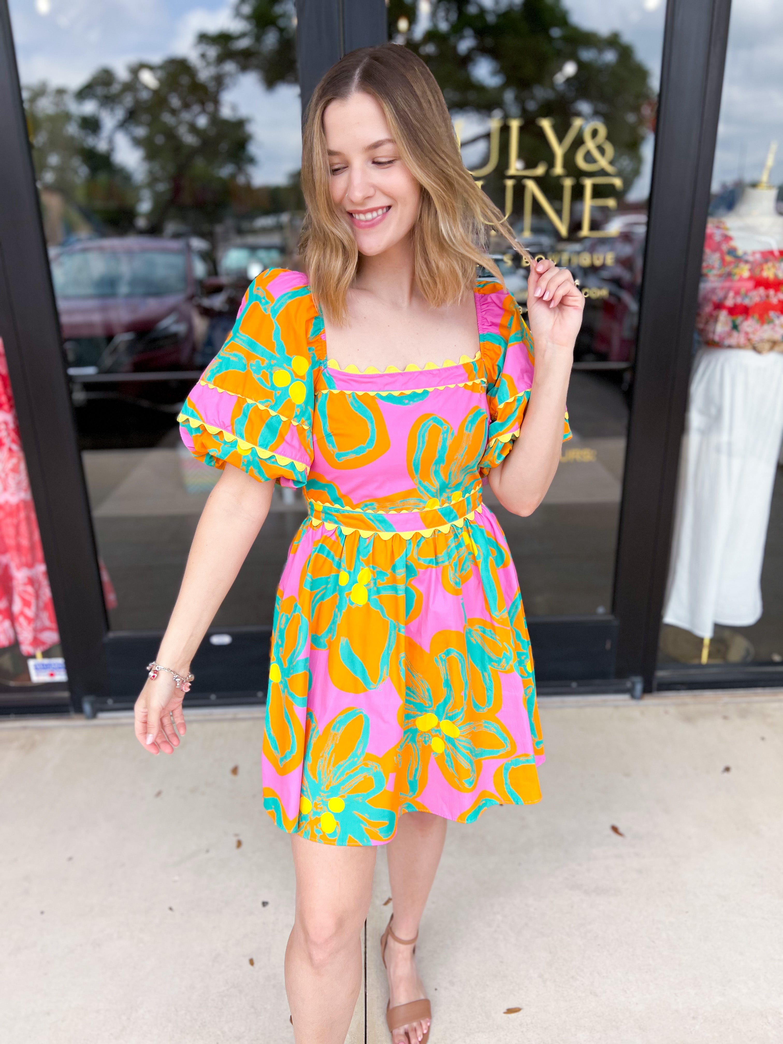 Bold Print Pink & Orange Mini Dress-510 Mini-PEACH LOVE-July & June Women's Fashion Boutique Located in San Antonio, Texas