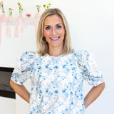 Blue Floral Crochet Blouse-200 Fashion Blouses-ENTRO-July & June Women's Fashion Boutique Located in San Antonio, Texas