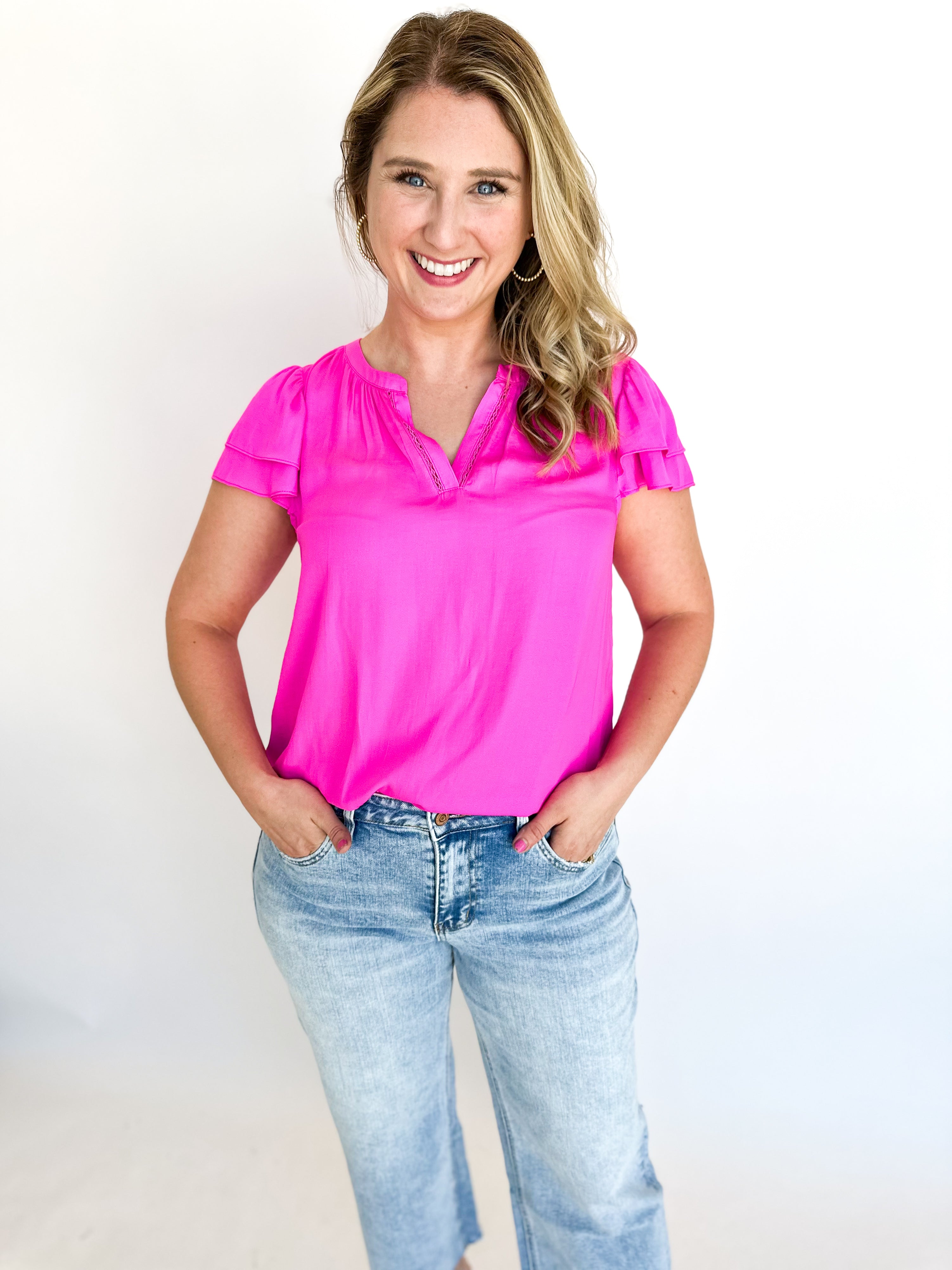 Flutter Sleeve Blouse - Pink-200 Fashion Blouses-SKIES ARE BLUE-July & June Women's Fashion Boutique Located in San Antonio, Texas