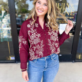 Elara Embroidered Blouse - Burgundy-200 Fashion Blouses-ENTRO-July & June Women's Fashion Boutique Located in San Antonio, Texas