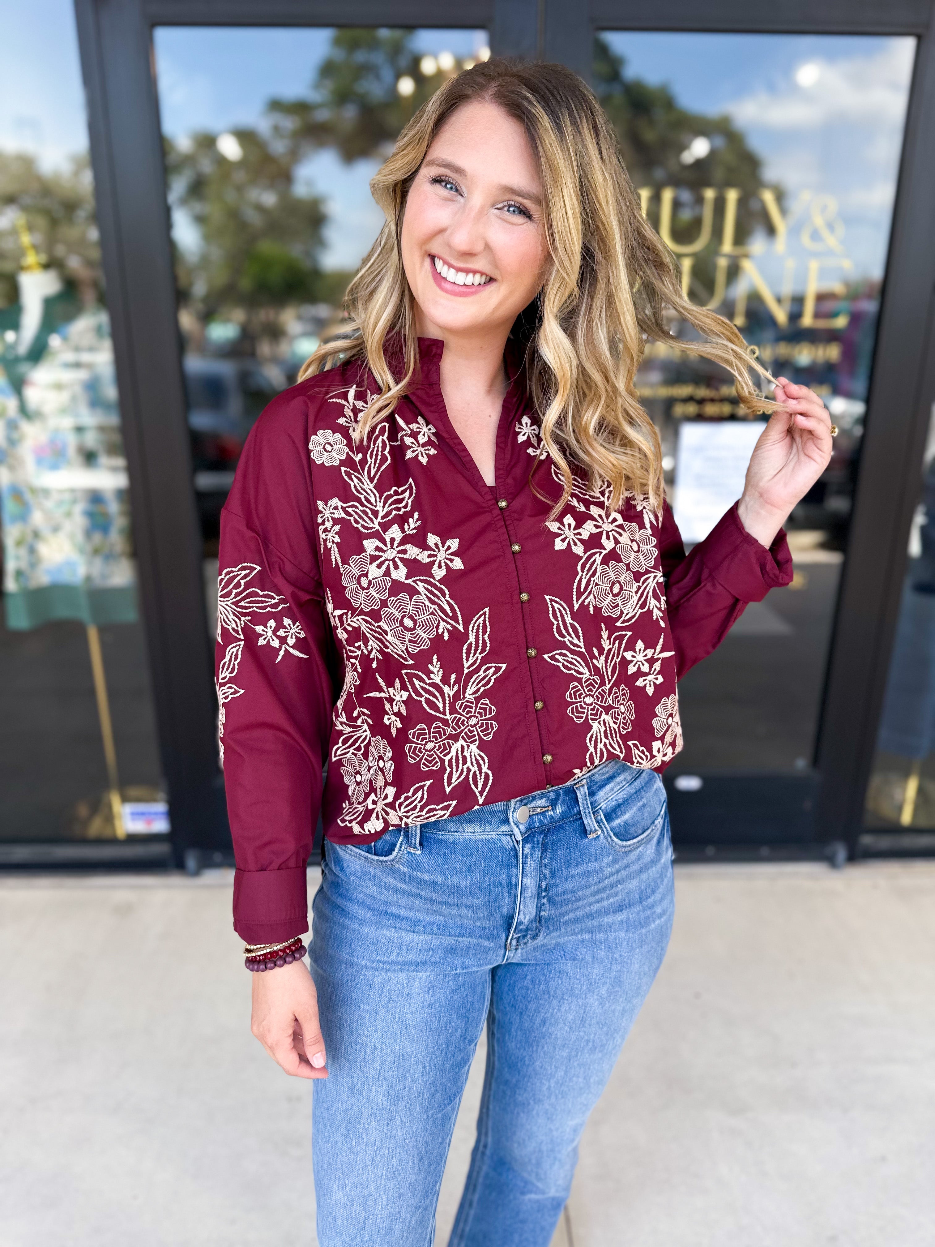Elara Embroidered Blouse - Burgundy-200 Fashion Blouses-ENTRO-July & June Women's Fashion Boutique Located in San Antonio, Texas