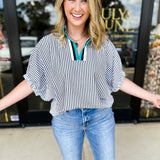 Fall Varsity Stripe Blouse - Black-200 Fashion Blouses-ENTRO-July & June Women's Fashion Boutique Located in San Antonio, Texas