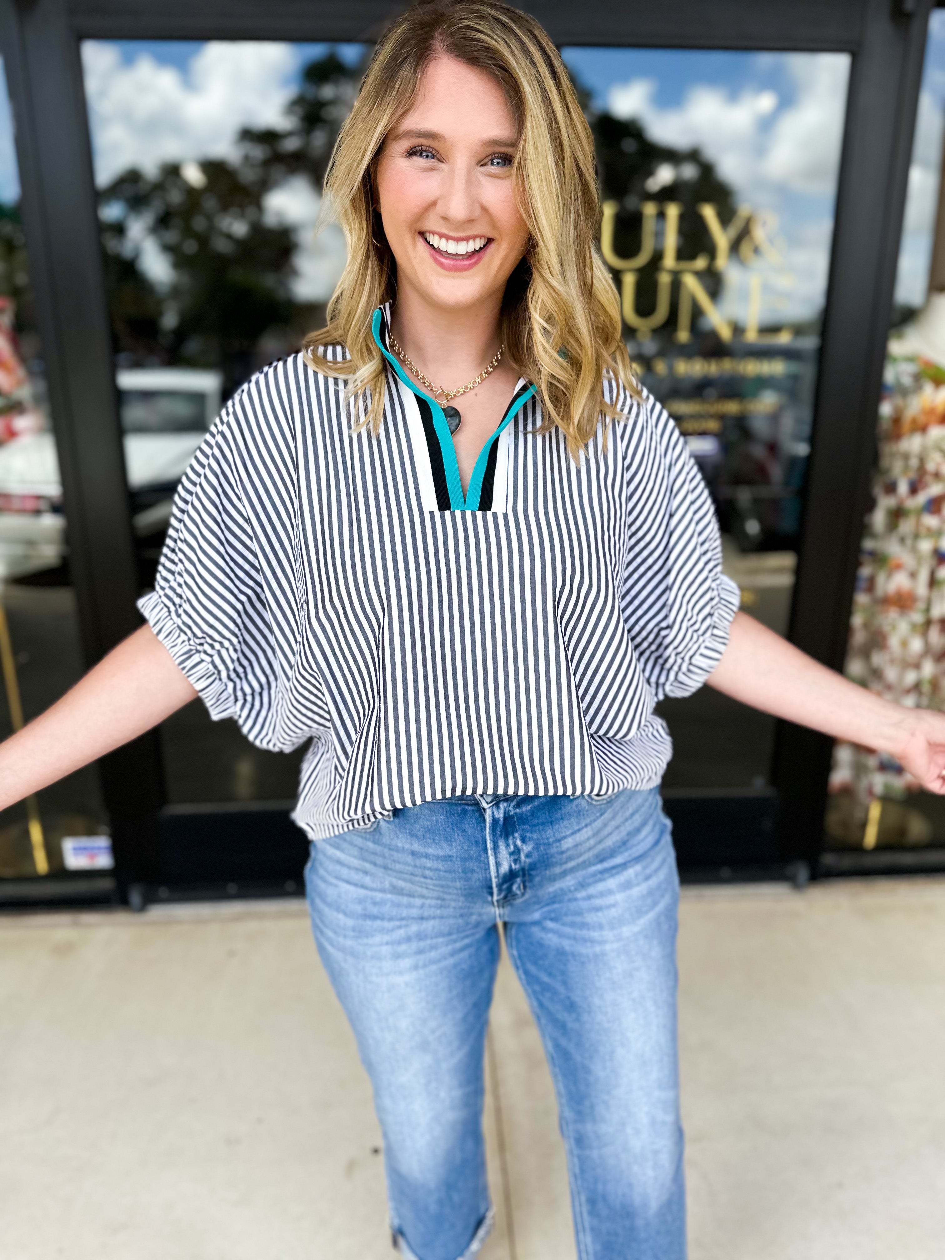 Fall Varsity Stripe Blouse - Black-200 Fashion Blouses-ENTRO-July & June Women's Fashion Boutique Located in San Antonio, Texas
