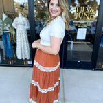 Rust Lace Midi Skirt-410 Shorts/Skirts-LISTICLE-July & June Women's Fashion Boutique Located in San Antonio, Texas