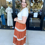 Rust Lace Midi Skirt-410 Shorts/Skirts-LISTICLE-July & June Women's Fashion Boutique Located in San Antonio, Texas