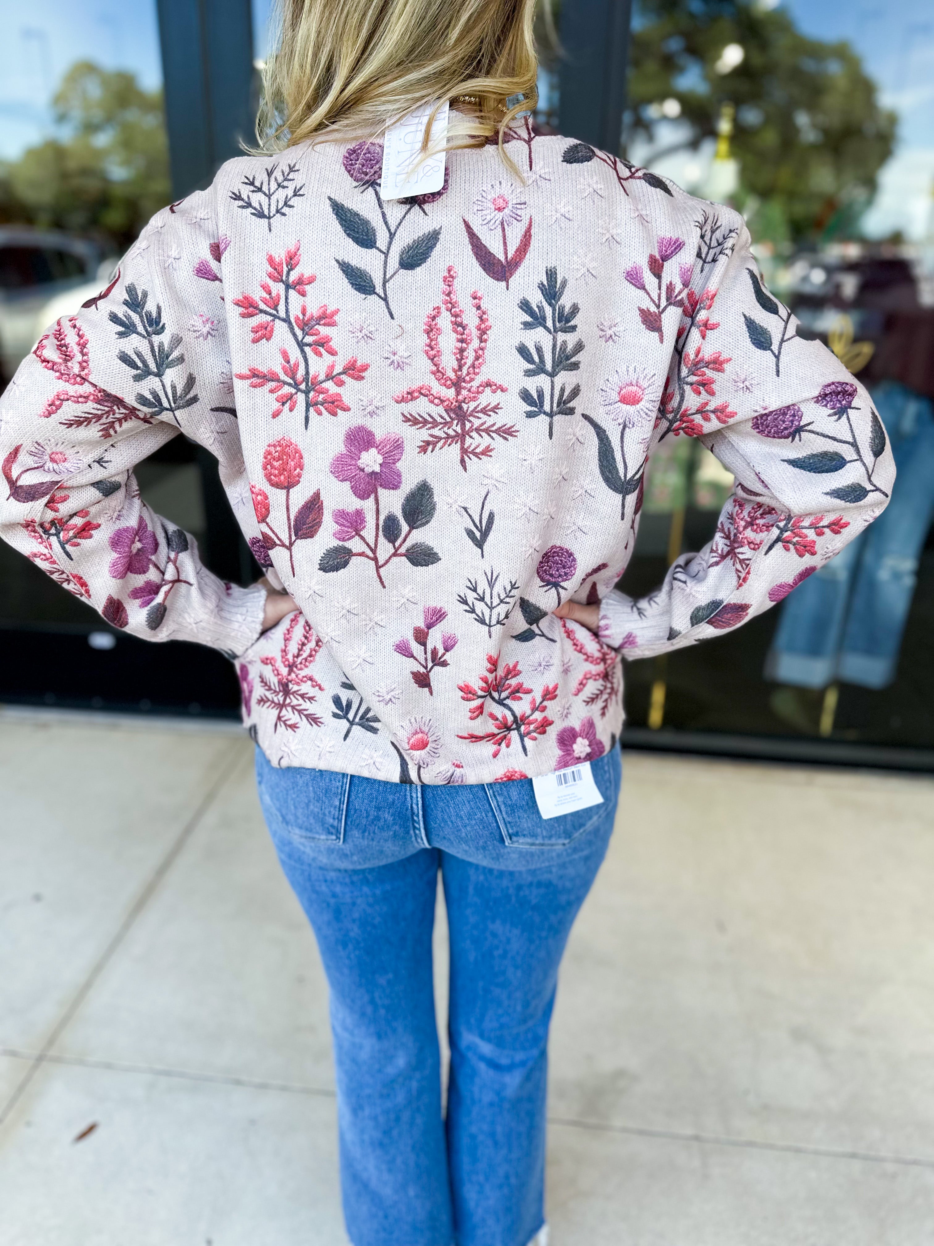 Whimsical Floral Knit Sweater-230 Sweaters/Cardis-ENTRO-July & June Women's Fashion Boutique Located in San Antonio, Texas