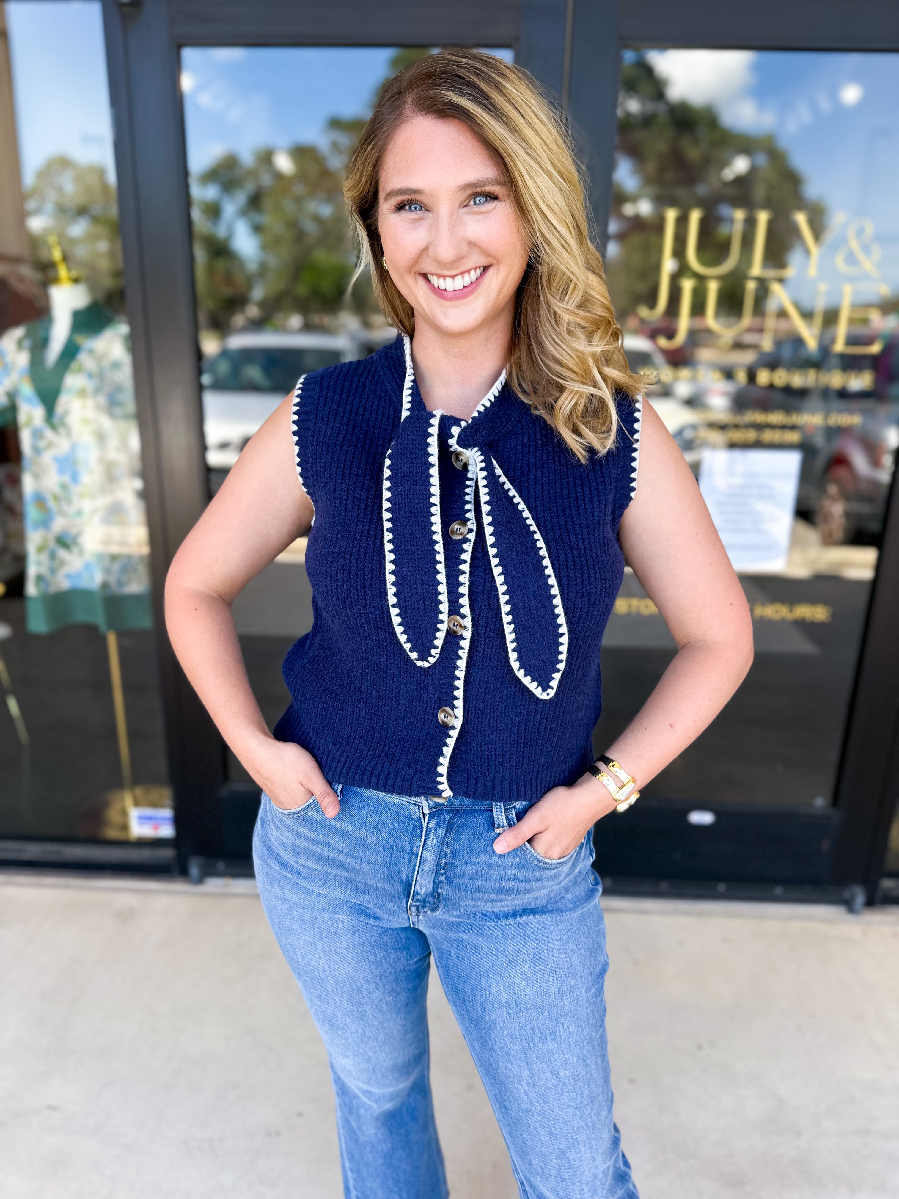 The Kate Sweater Vest - Navy-230 Sweaters/Cardis-ENTRO-July & June Women's Fashion Boutique Located in San Antonio, Texas