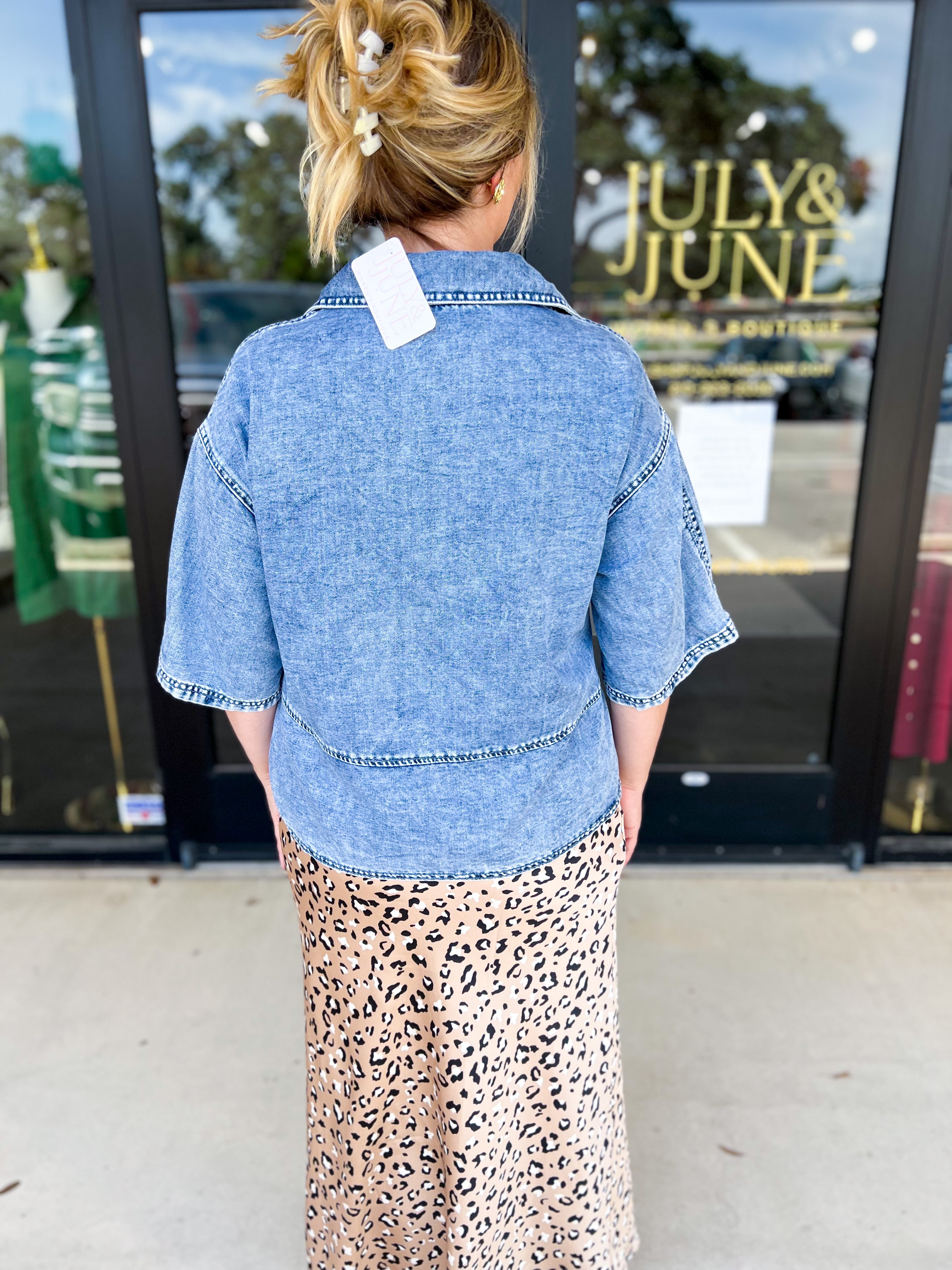 Denim Details Blouse-200 Fashion Blouses-LISTICLE-July & June Women's Fashion Boutique Located in San Antonio, Texas