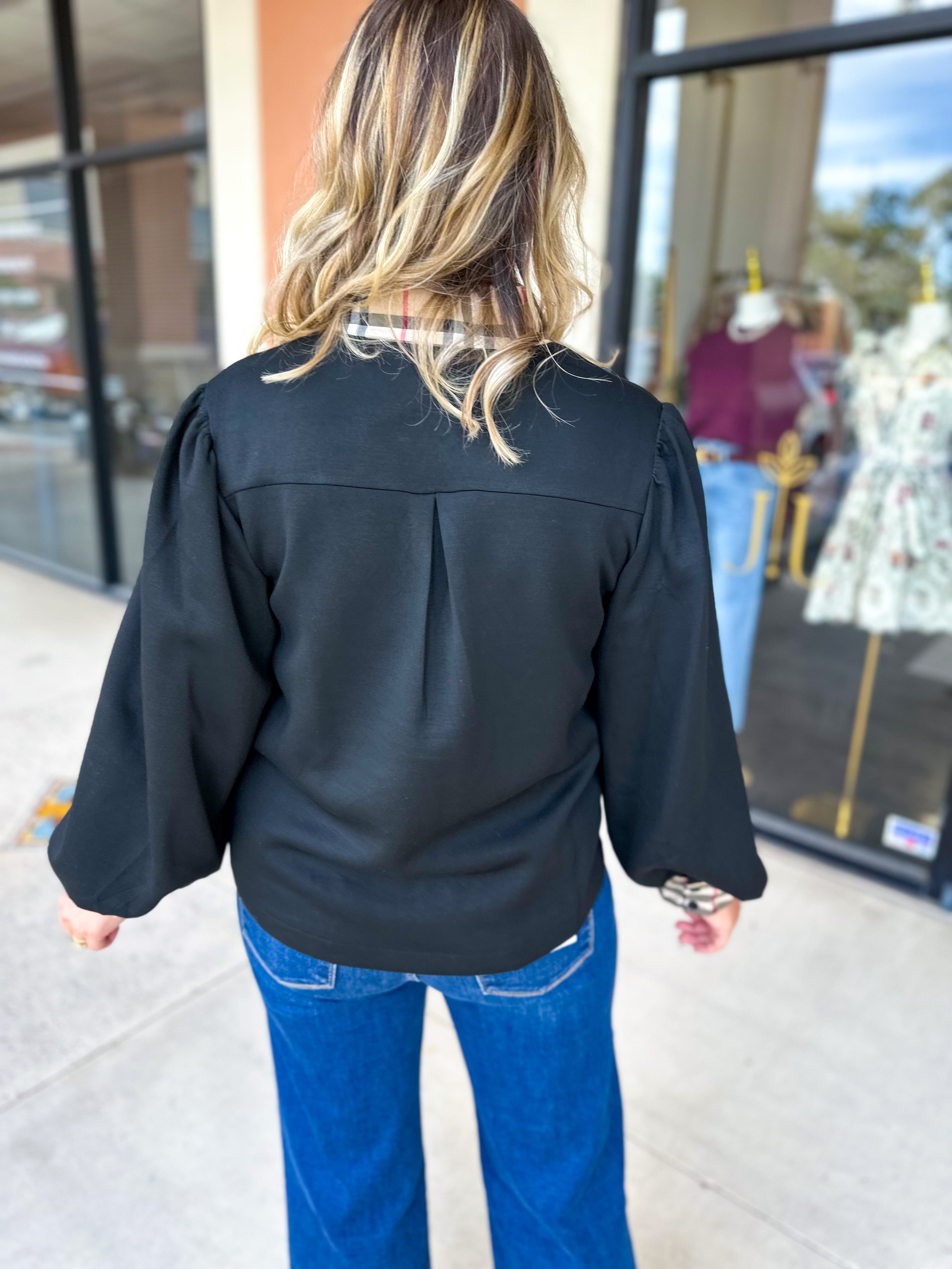 Tan & Black Tartan Blouse-200 Fashion Blouses-JODIFL-July & June Women's Fashion Boutique Located in San Antonio, Texas