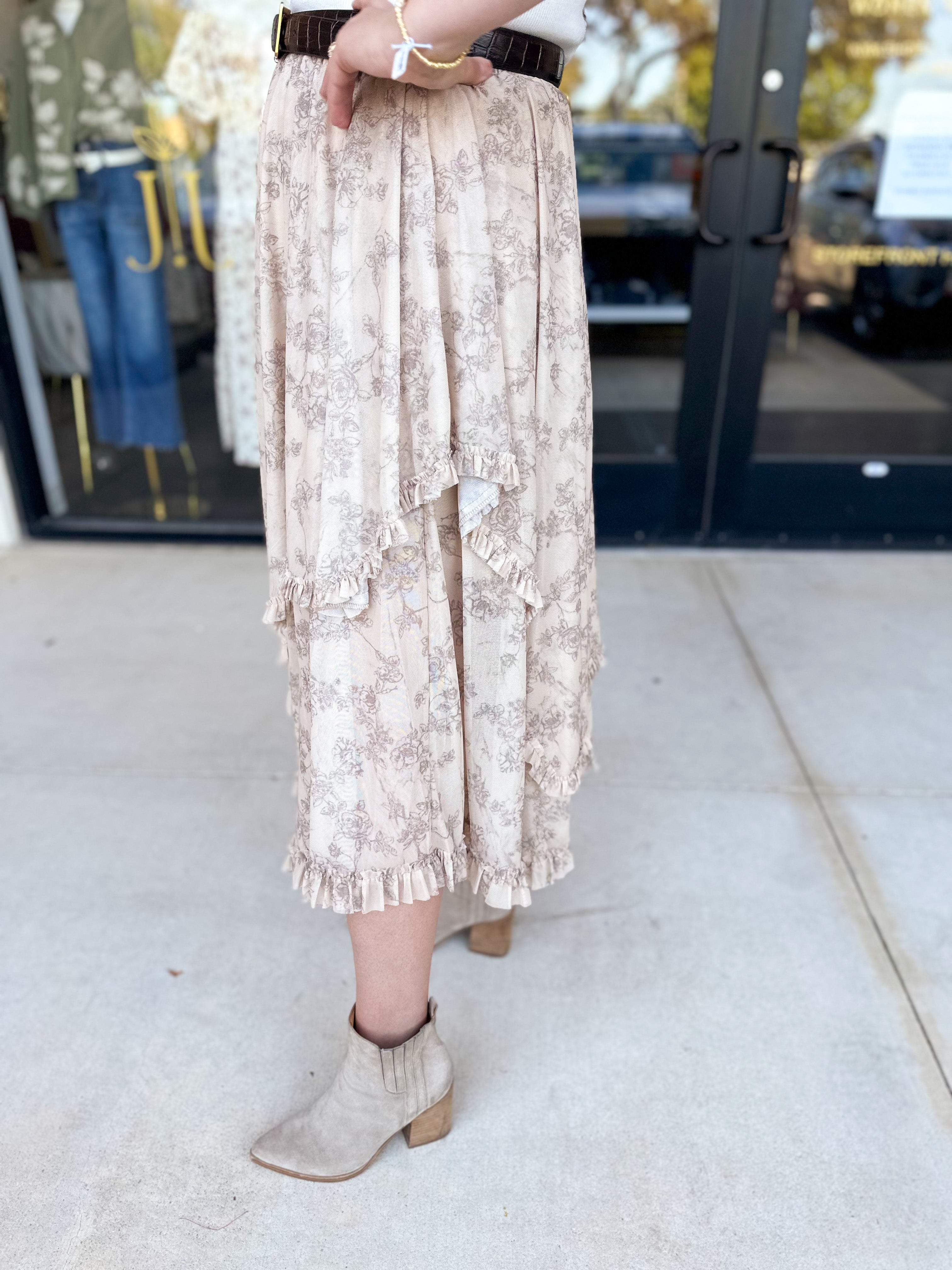 Mocha Floral Midi Skirt-410 Shorts/Skirts-POLOGRAM-July & June Women's Fashion Boutique Located in San Antonio, Texas