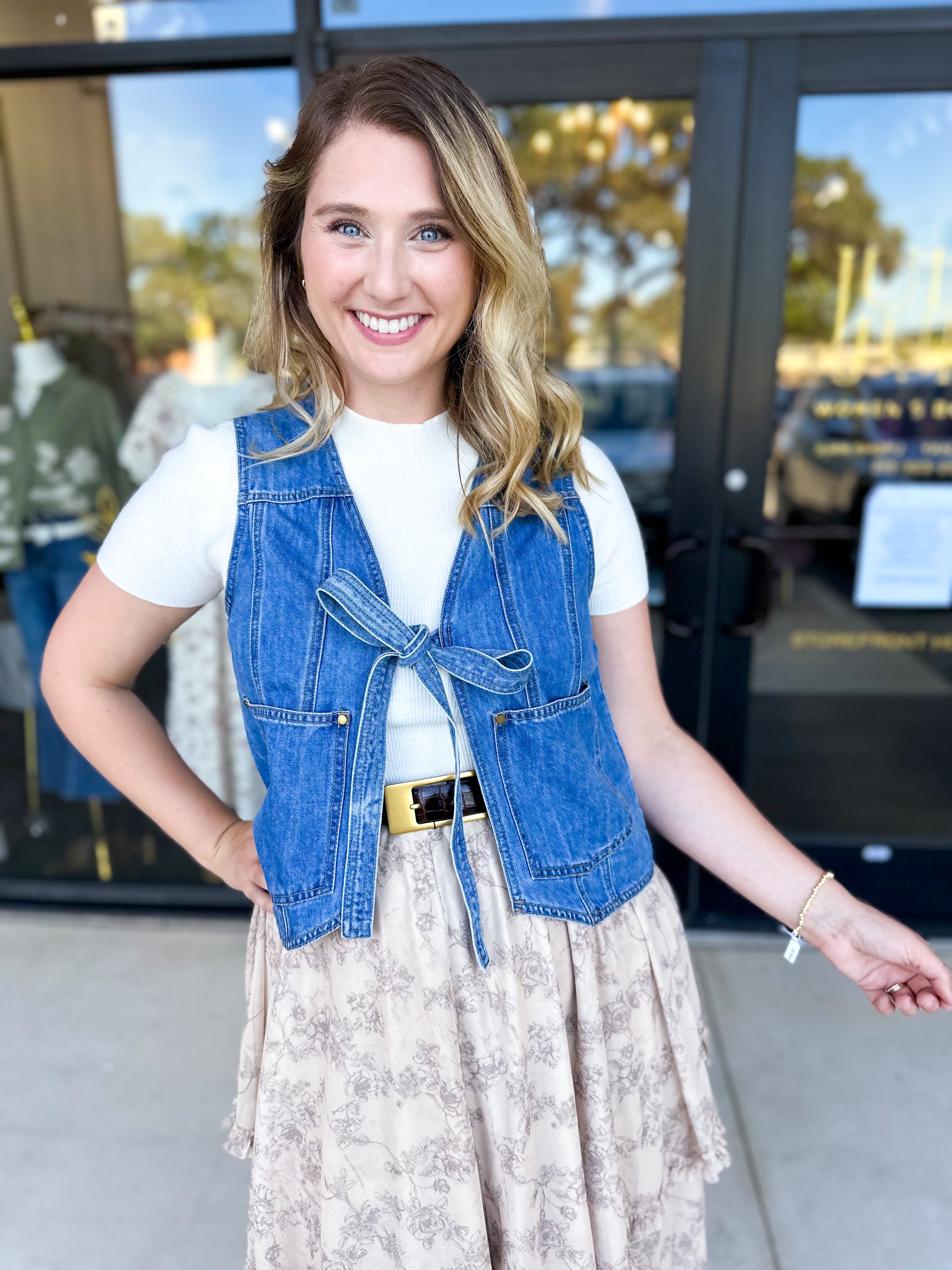 Front Tie Denim Vest-600 Outerwear-LISTICLE-July & June Women's Fashion Boutique Located in San Antonio, Texas