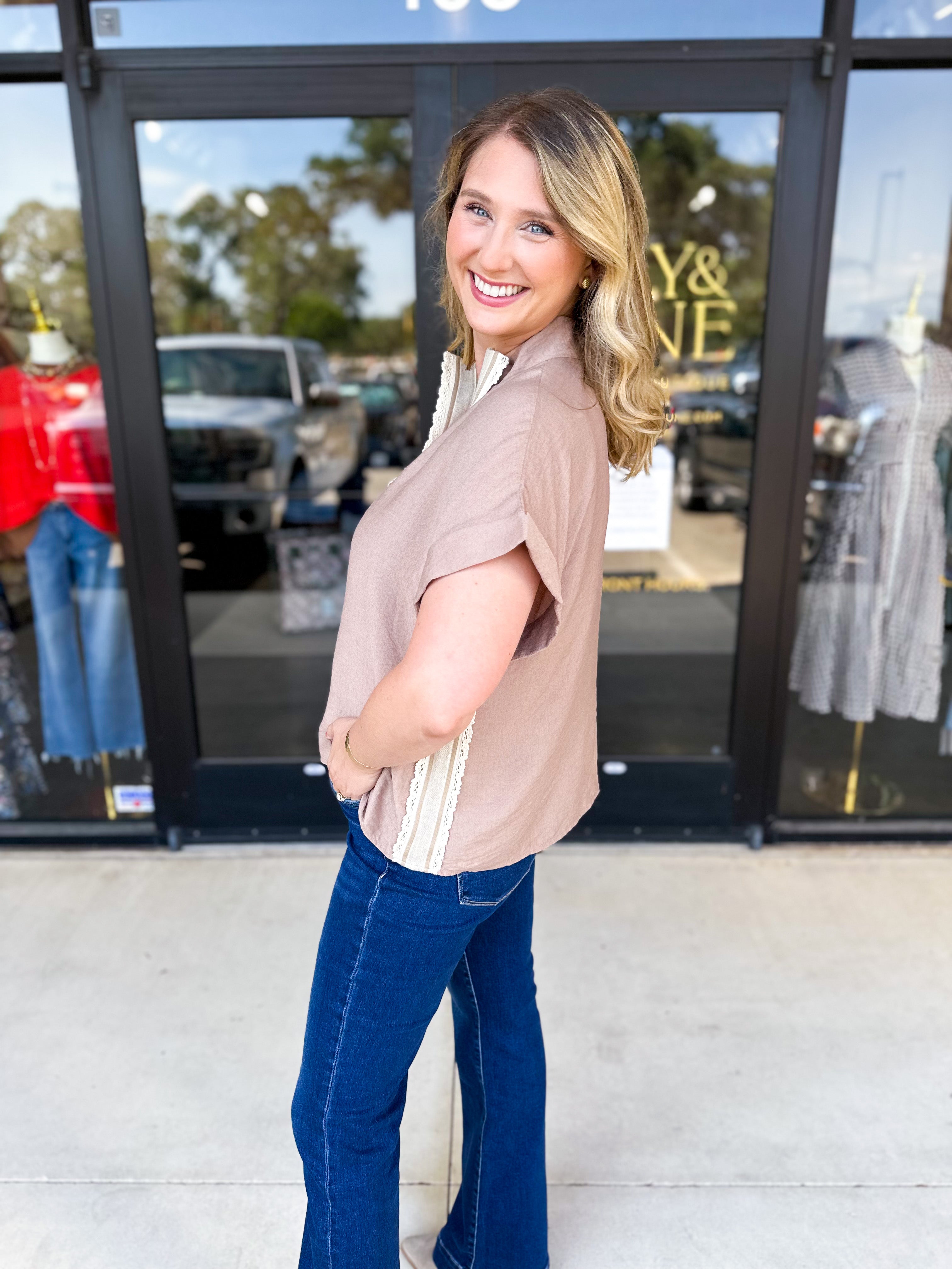 Taupe Crochet Blouse-200 Fashion Blouses-ENTRO-July & June Women's Fashion Boutique Located in San Antonio, Texas