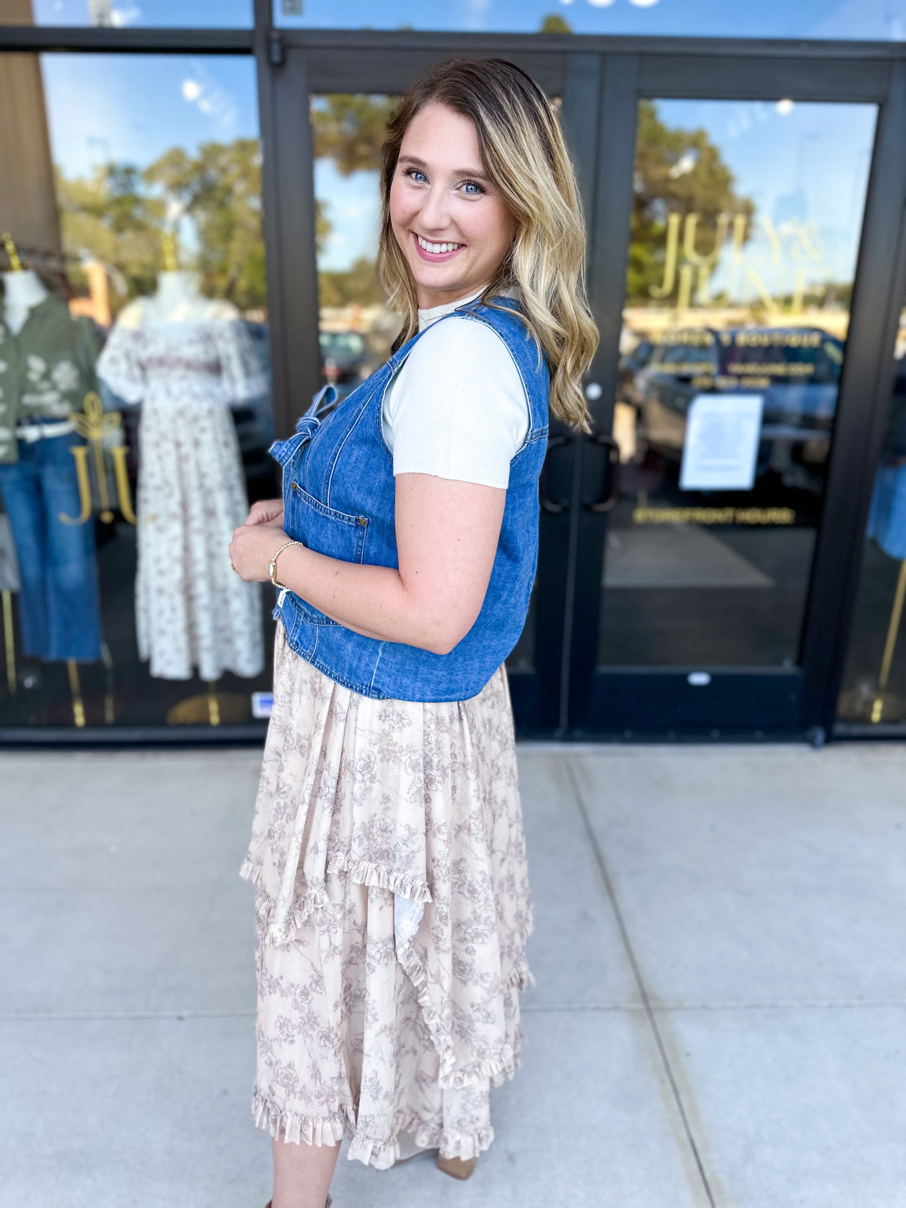 Front Tie Denim Vest-600 Outerwear-LISTICLE-July & June Women's Fashion Boutique Located in San Antonio, Texas