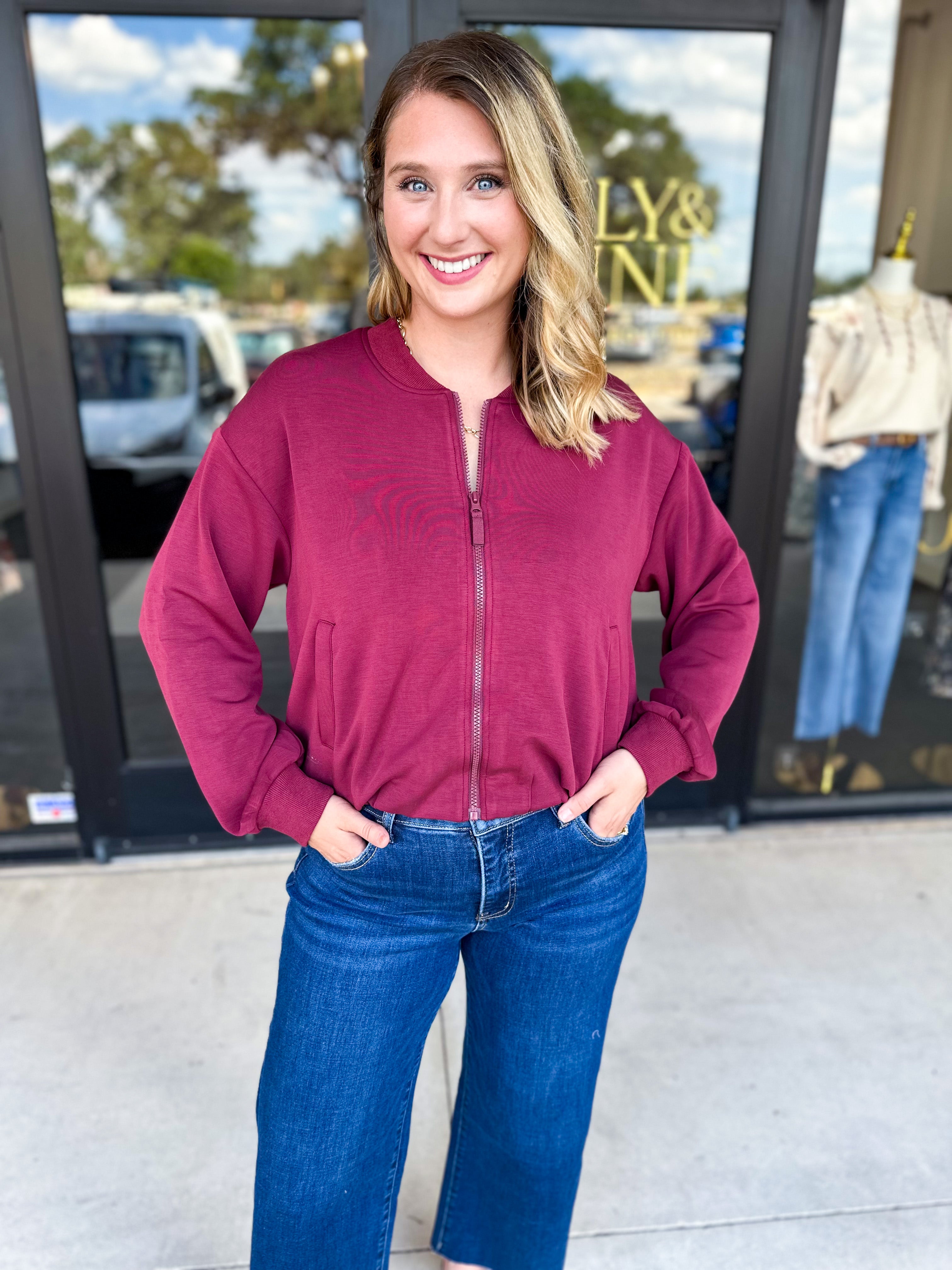Soft Modal Bomber Jacket - Wine-300 Athleisure/Lounge-SKIES ARE BLUE-July & June Women's Fashion Boutique Located in San Antonio, Texas