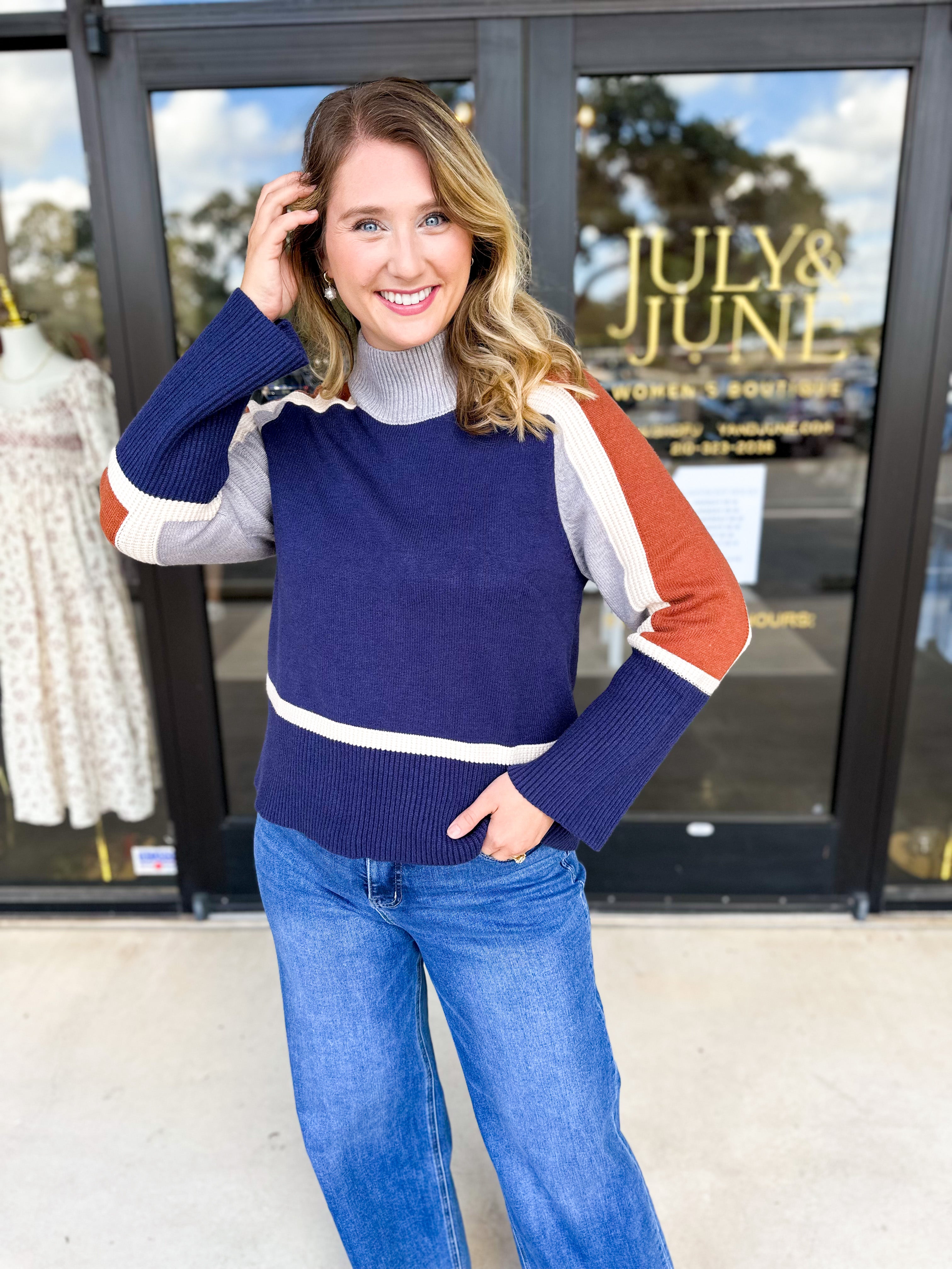 THML - Navy & Rust Sweter-230 Sweaters/Cardis-THML-July & June Women's Fashion Boutique Located in San Antonio, Texas