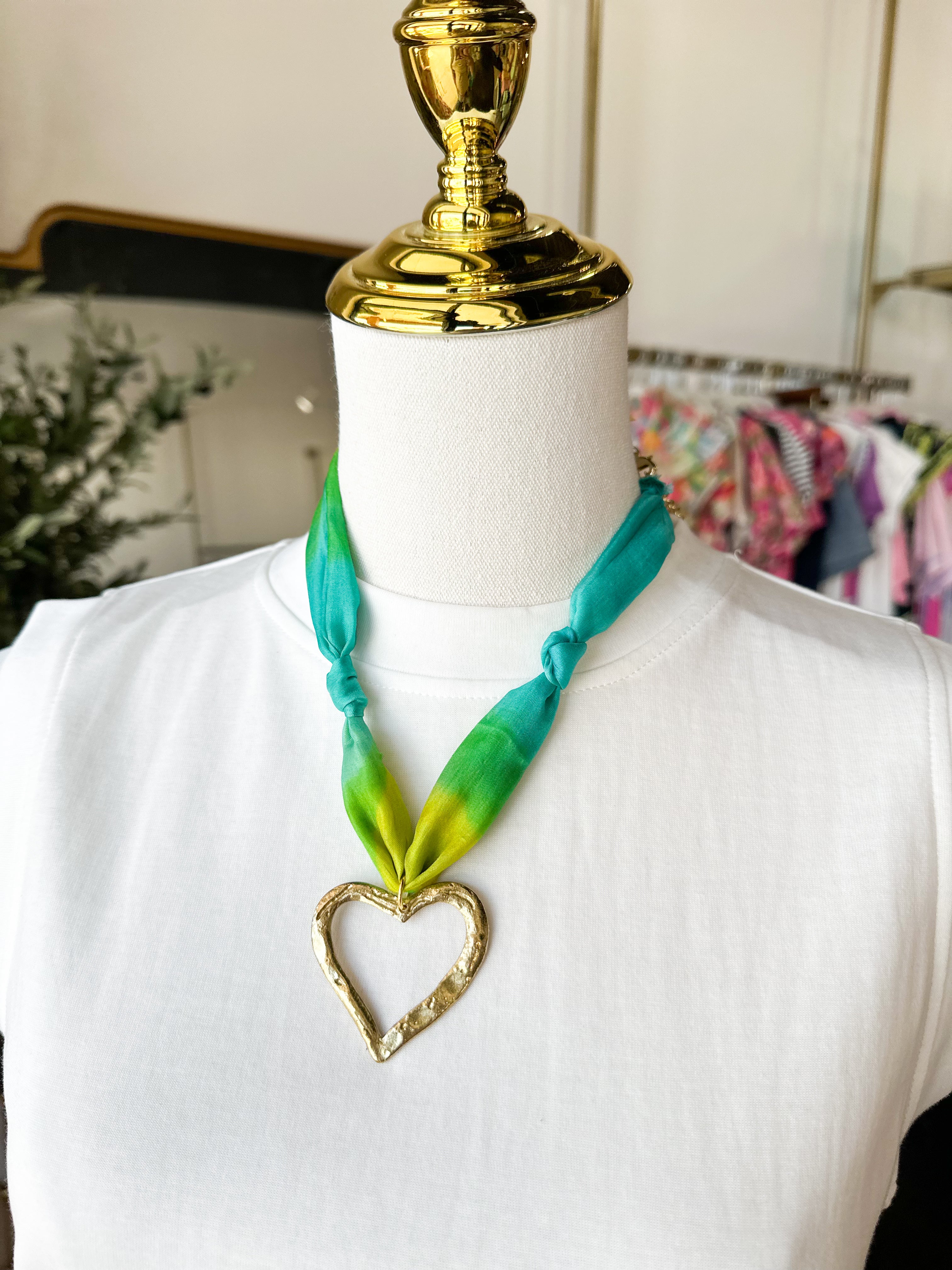 Scarf Necklace - Teal & Lime Heart-110 Jewelry & Hair-HART DESIGNS-July & June Women's Fashion Boutique Located in San Antonio, Texas