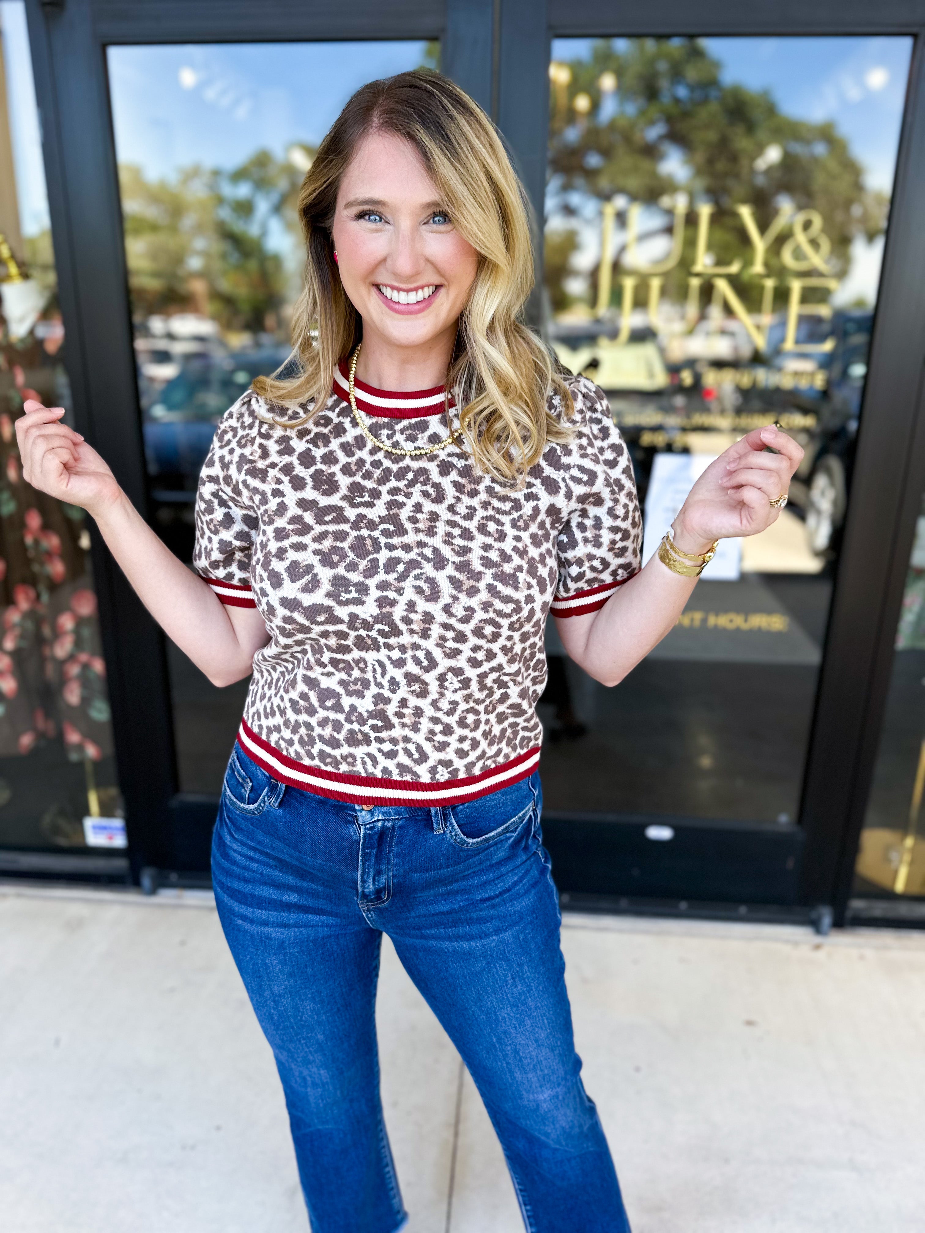 Varsity Leopard Sweater Top - Red-210 Casual Blouses-ENTRO-July & June Women's Fashion Boutique Located in San Antonio, Texas