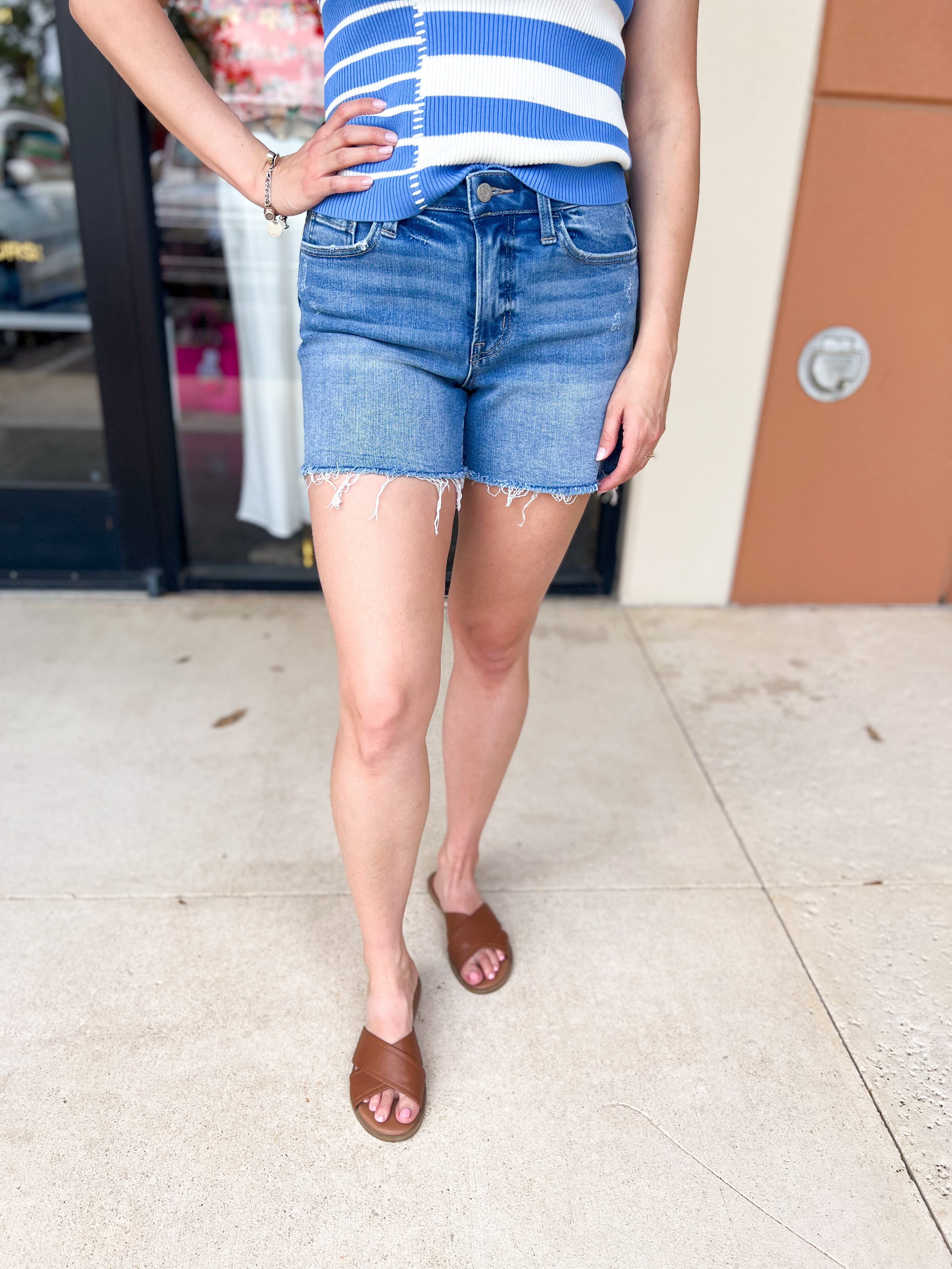 Vervet - High Rise Raw Hem Staple Denim Shorts-410 Shorts/Skirts-VEVERT BY FLYING MONKEY-July & June Women's Fashion Boutique Located in San Antonio, Texas