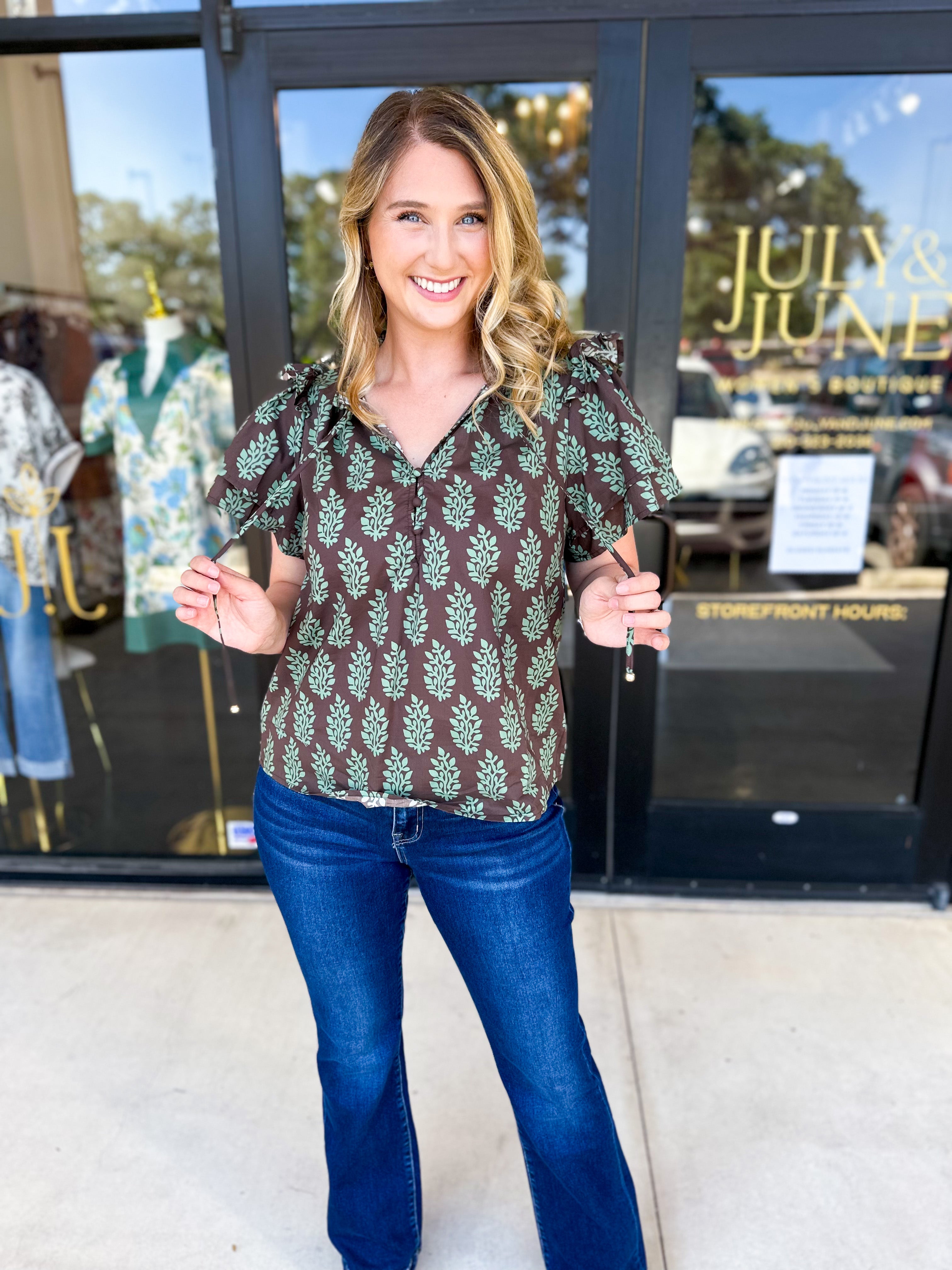 Mint & Mocha Blouse-200 Fashion Blouses-ENTRO-July & June Women's Fashion Boutique Located in San Antonio, Texas