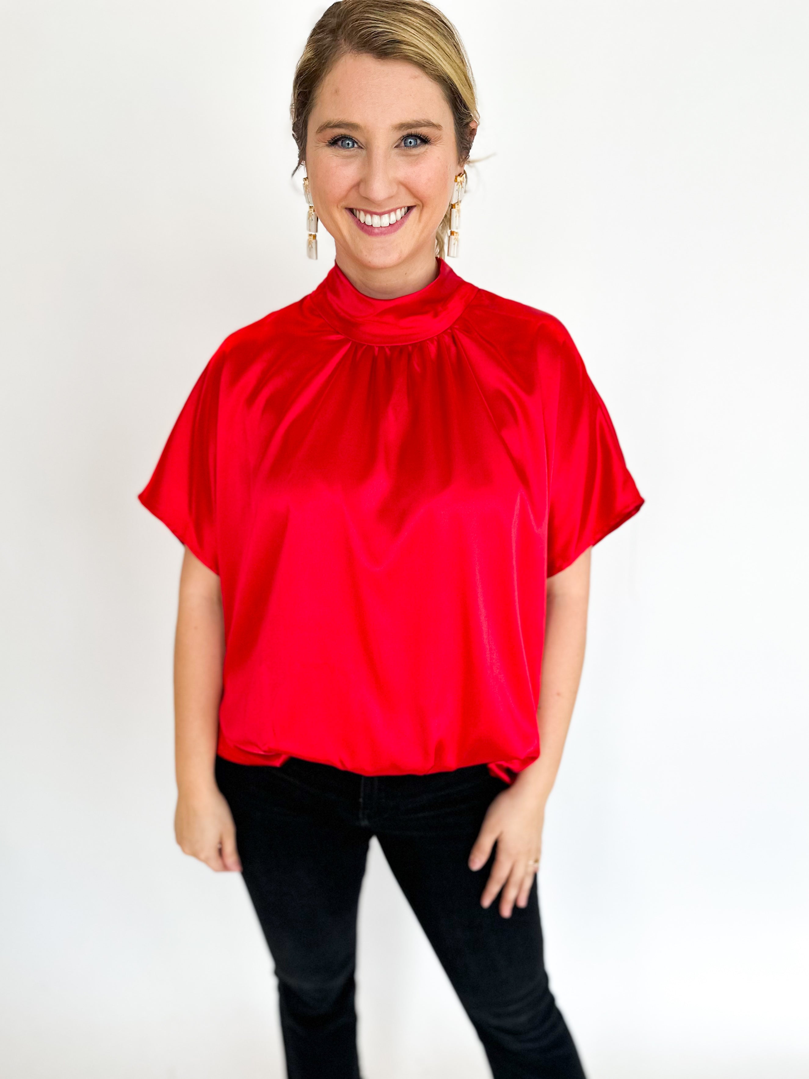 Charming Satin Blouse - Cherry Red-200 Fashion Blouses-ADRIENNE-July & June Women's Fashion Boutique Located in San Antonio, Texas