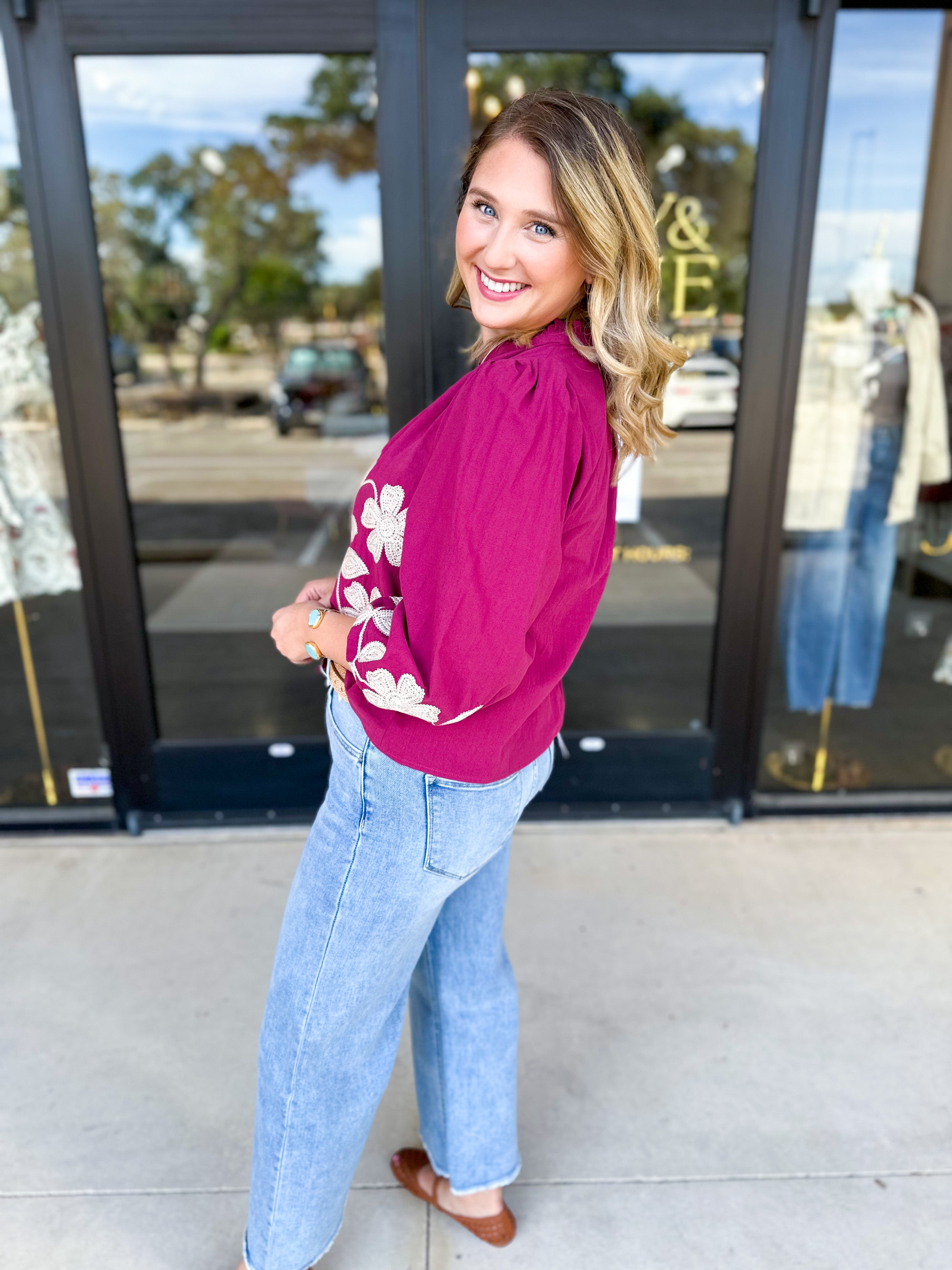 Mallory Embroidered Blouse - Magenta-200 Fashion Blouses-ABLE-July & June Women's Fashion Boutique Located in San Antonio, Texas