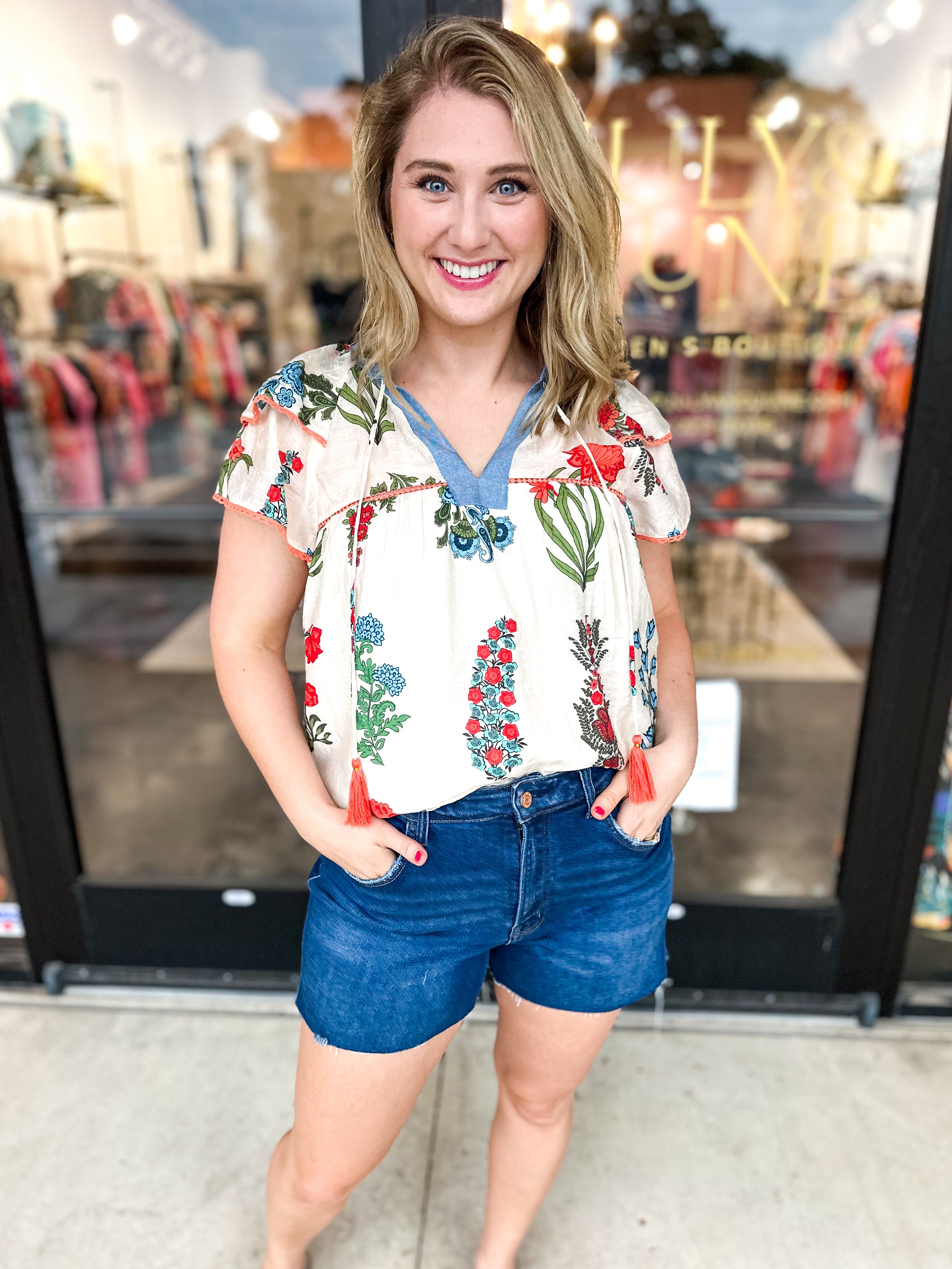 THML - Cream Floral Blouse-200 Fashion Blouses-THML-July & June Women's Fashion Boutique Located in San Antonio, Texas