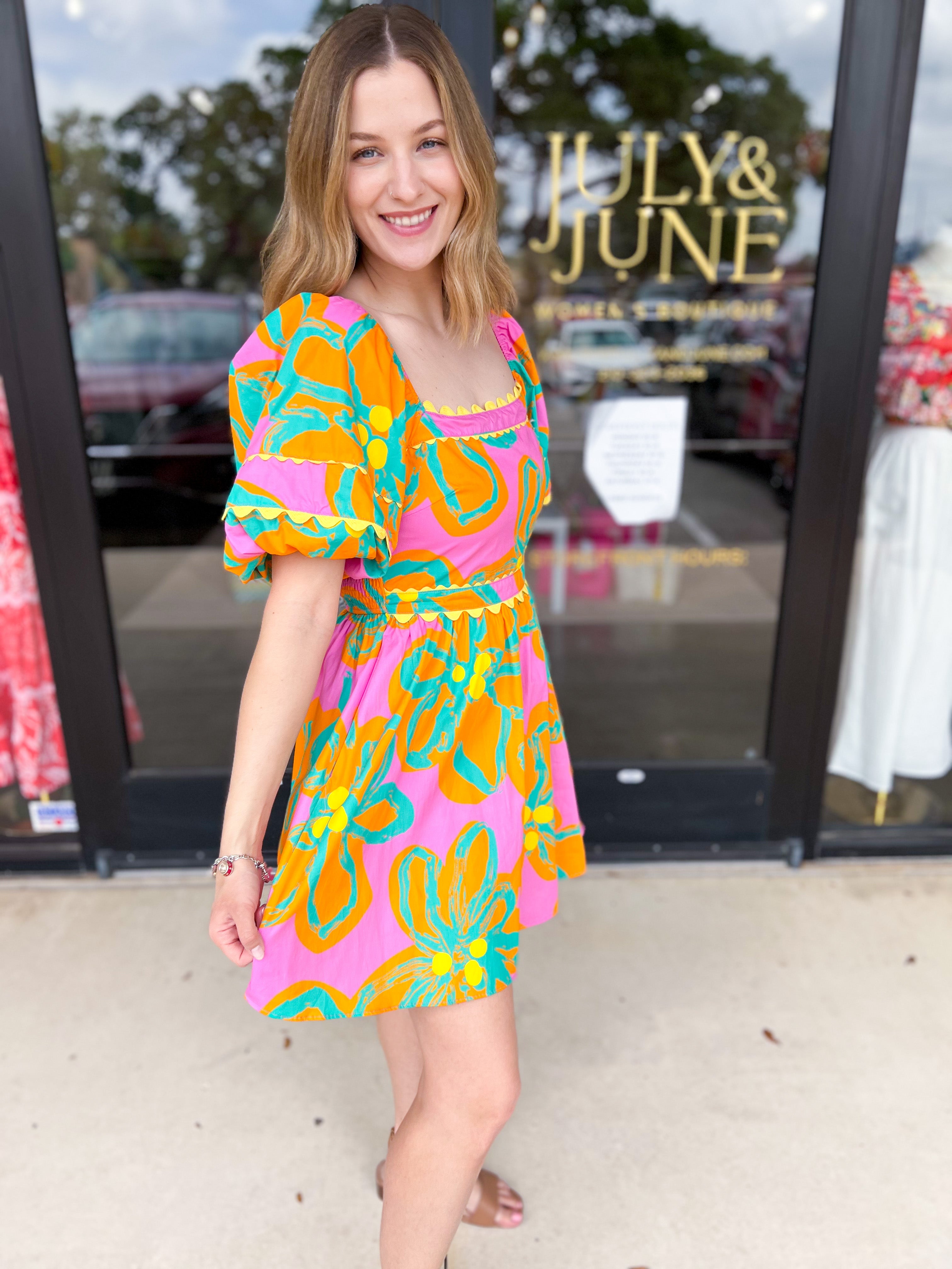 Bold Print Pink & Orange Mini Dress-510 Mini-PEACH LOVE-July & June Women's Fashion Boutique Located in San Antonio, Texas